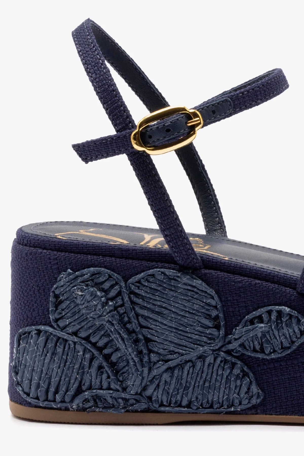 Gio Women's Flatform Sandals in Navy Blue Raffia with Hibiscus Embroidery - Perfect for Beach Vacations, Summer Weddings & Boho Fashion
