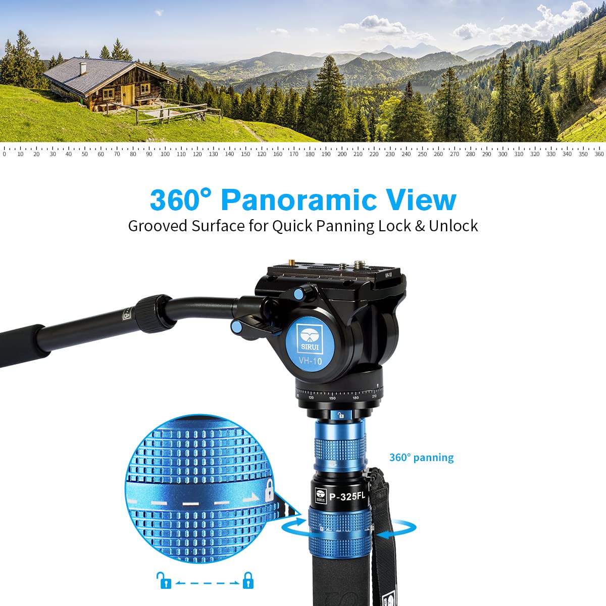 SIRUI P-325FL 179.5cm Carbon Fiber Camera Monopod with Removable Tripod Base & VH-10 Fluid Head - Professional DSLR Video Monopod for Photography, Travel, Vlogging (Max Load 10kg) - Perfect for Outdoor Shoots, Events, and Film Production