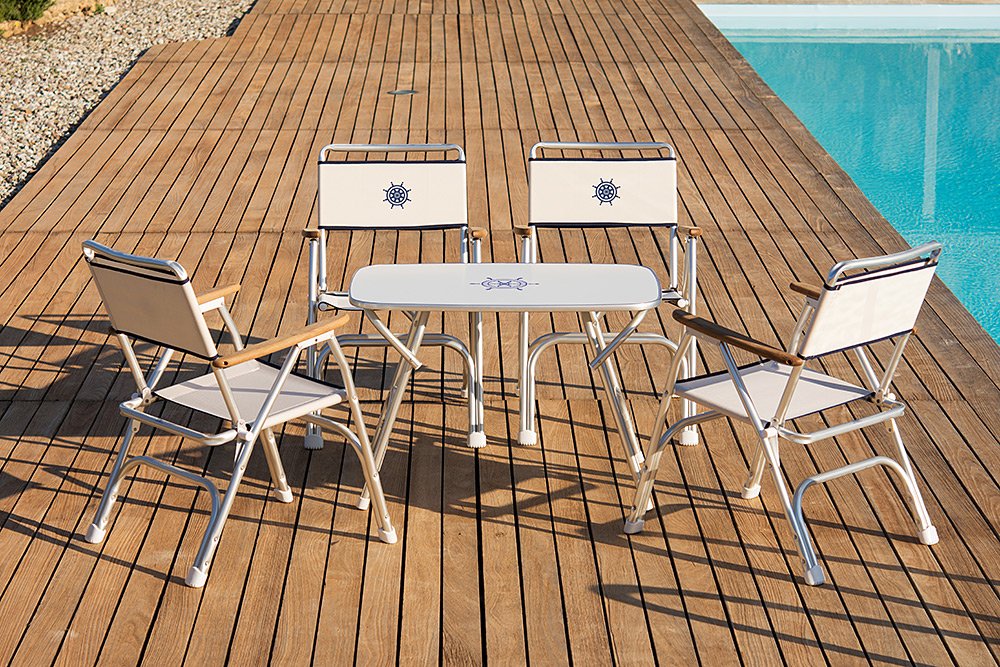 FORMA MARINE Boat Chair - Navy Blue Folding Deck Chair with Aluminum Frame & Teak Wood - Perfect for Boating, Fishing, and Outdoor Relaxation