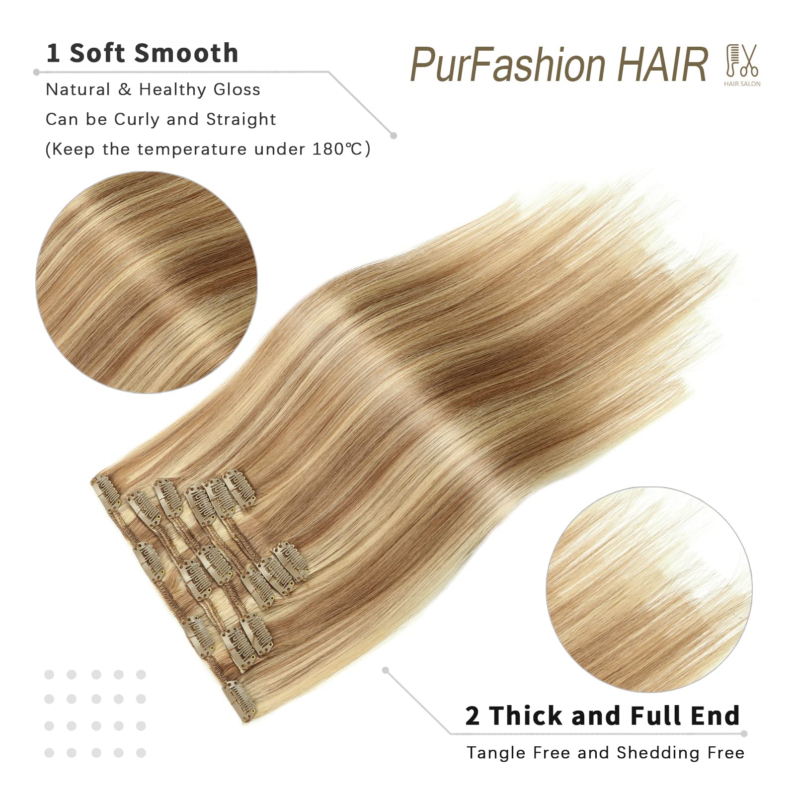Golden Brown Clip in Hair Extensions with Bleach Blonde Highlights - 15 Inch Real Human Hair, 70g Straight & Soft for Everyday Styling & Special Occasions