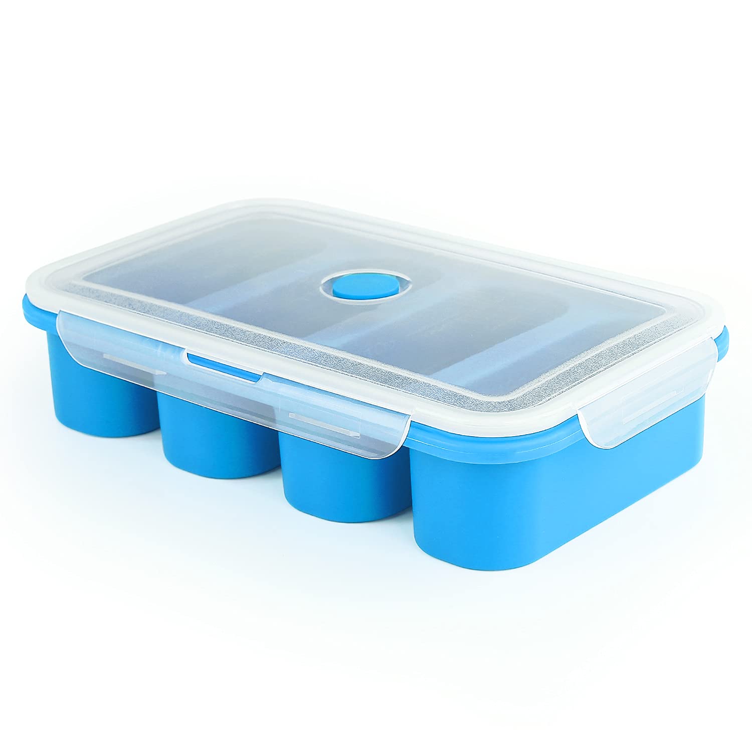Extra Large Silicone Freezer Trays - 4 Giant Ice Cube Molds for Soup, Food, Meal & Sauce Storage with Lid (Blue) - Perfect for Meal Prep, Baby Food & Bulk Cooking