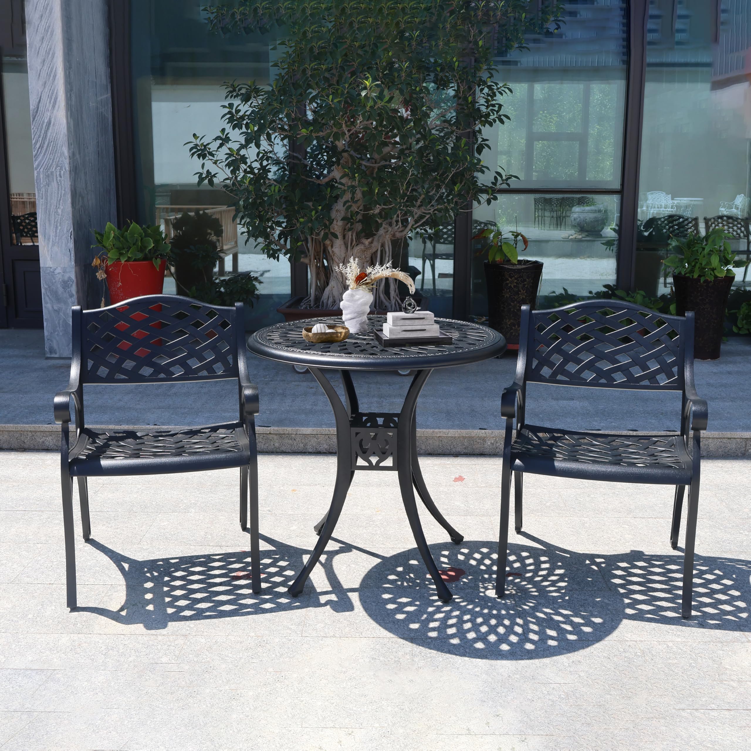 30.3 Inch Round Outdoor Patio Dining Table - Heavy Duty Cast Aluminum All-Weather Metal Bistro Table with Umbrella Hole - Perfect for Backyard, Garden, Balcony, Poolside & Outdoor Entertaining - Black