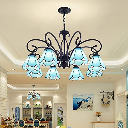Blue Tiffany Cone Pendant Chandelier - 8-Light Black Ceiling Suspension Lamp with Blue Glass Shades for Living Room, Dining Room & Bedroom Lighting