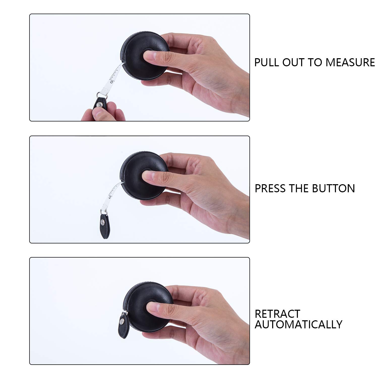 Retractable Leather Tape Measure 60 Inch/150 cm - Tailor Fabric Measuring Tape with Push Button - Black (1 Pack) - Perfect for Sewing, Tailoring, and DIY Craft Projects