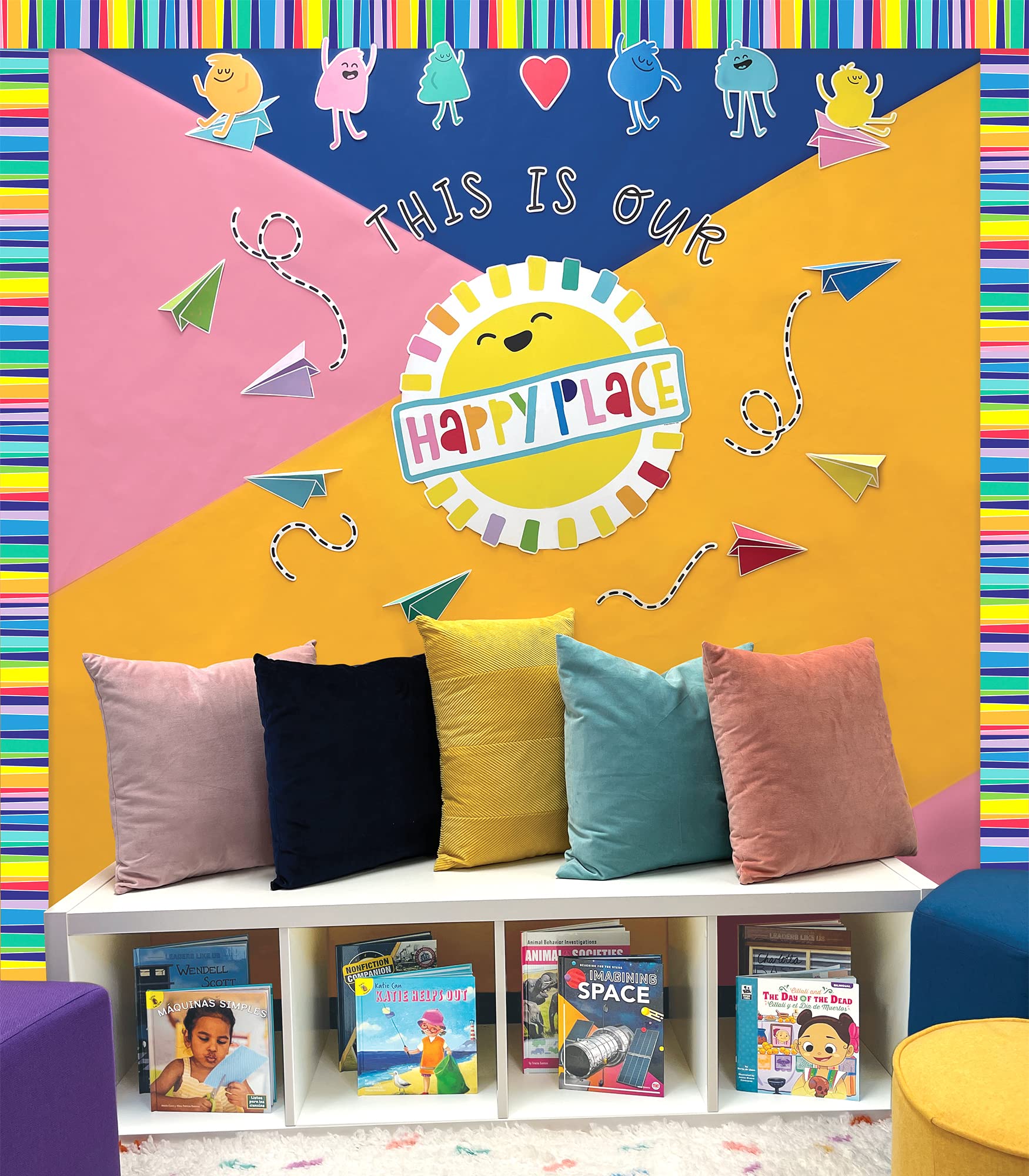 Carson Dellosa Rainbow Bulletin Board Set - 58 Piece Happy Place Classroom Decor with Heart & Paper Airplane Cutouts for Wall Decor | Perfect for Preschool, Elementary School & Homeschool Decorations