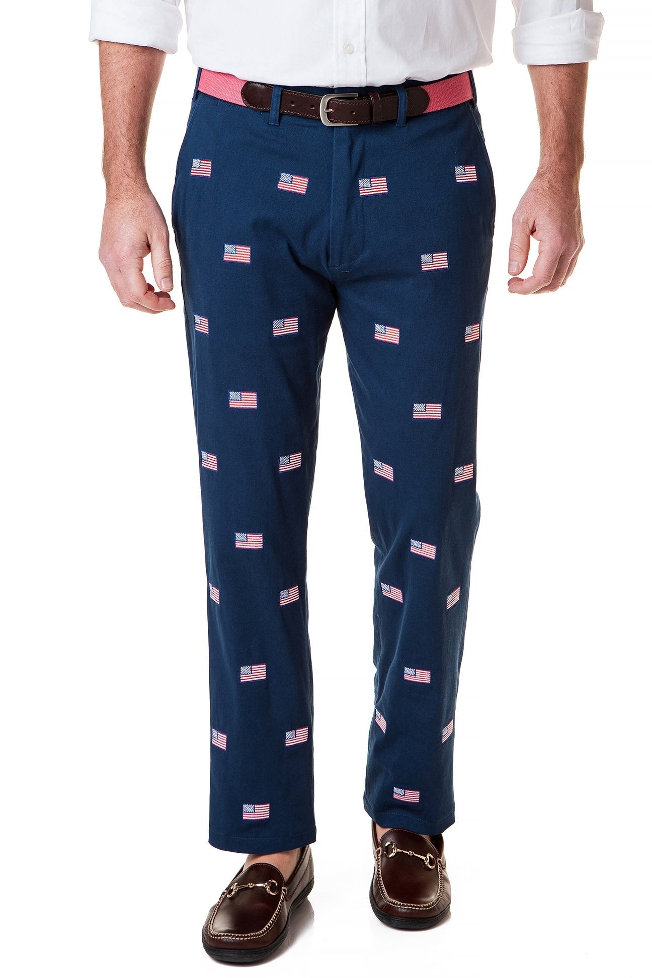 Stretch Twill Harbor Pant in Nantucket Navy with American Flag - Comfortable & Stylish Casual Pants for Men, Perfect for Outdoor Activities & Patriotic Events