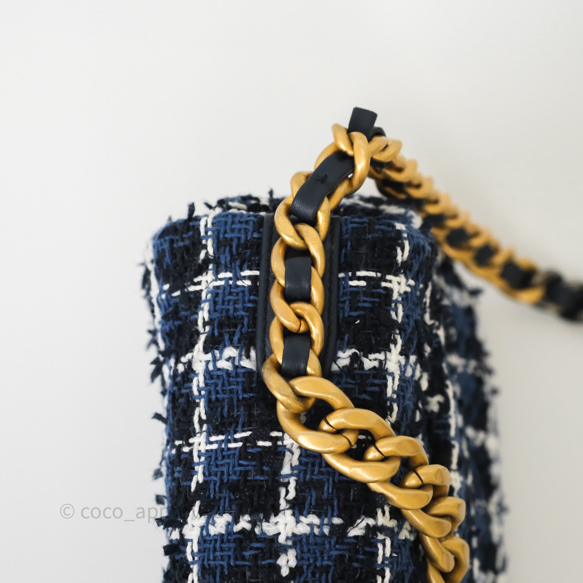 Chanel 19 Small Handbag in Blue, White & Black Grid Tweed with Mixed Hardware - Perfect for Work, Travel & Evening Events