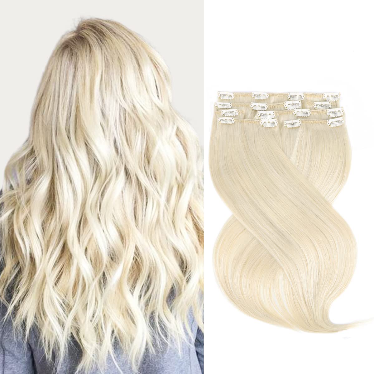 Marat Clip-In Human Hair Extensions 18 Inch 120g - Platinum Blonde Straight Removable Hair Extensions for Women | Perfect for Parties, Weddings & Daily Styling