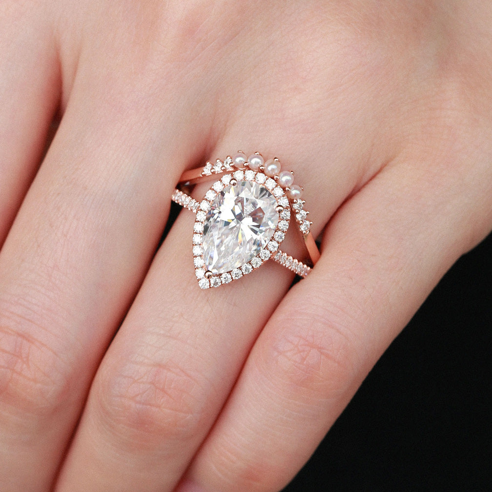 4.0ct Pear Cut Moissanite & Pearl Halo Engagement Ring Set (2 Pieces) - Vintage Bridal Jewelry for Wedding, Anniversary & Special Occasions