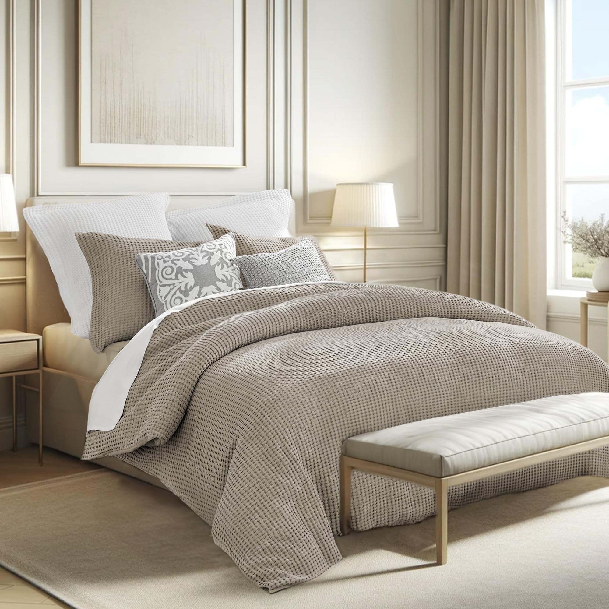 Levtex Home Mills Waffle Beige Fawn Duvet Cover Set - Full/Queen Size (90