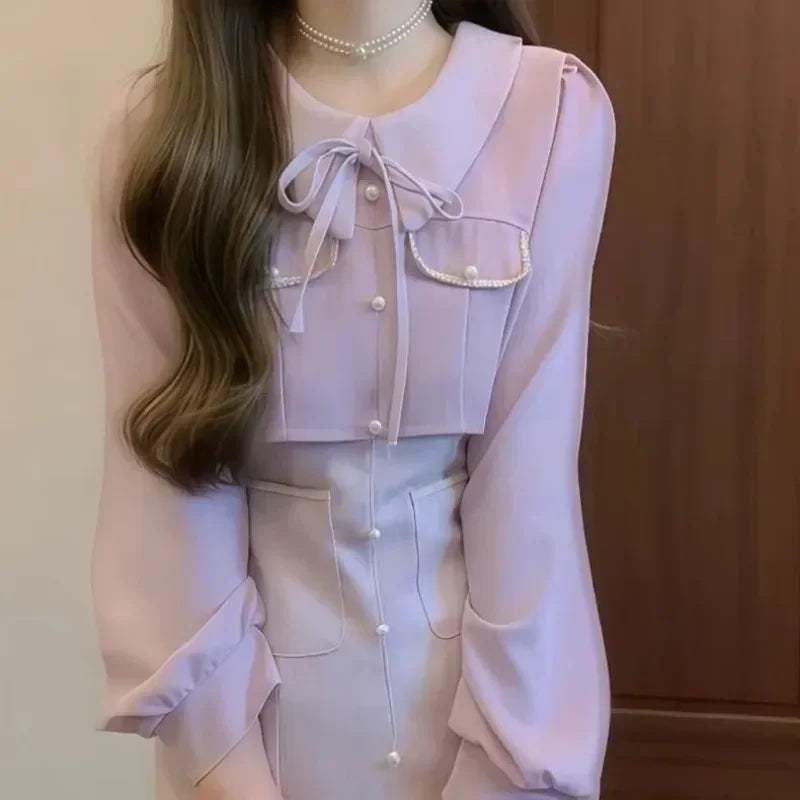 Elegant French Lavender Women's Dress - High-Qgentle Fake Two Piece Purple Long Sleeve Formal Gown for Evening Parties, Weddings & Special Occasions