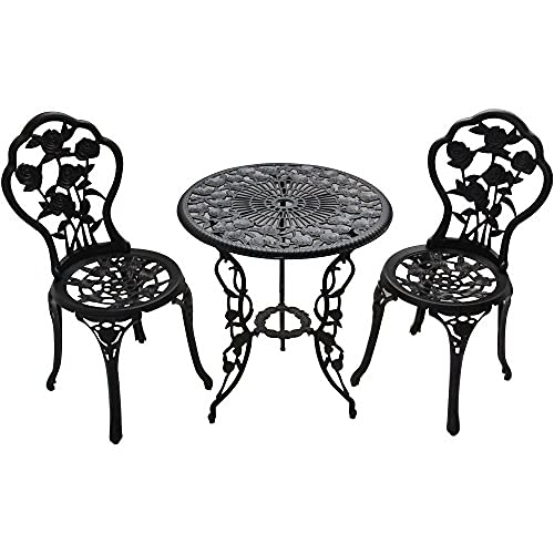 3-Piece Outdoor Bistro Set with Rose Pattern - 1 Table & 2 Chairs, Aluminum & Cast Iron Patio Furniture for Garden, Backyard, Deck or Balcony