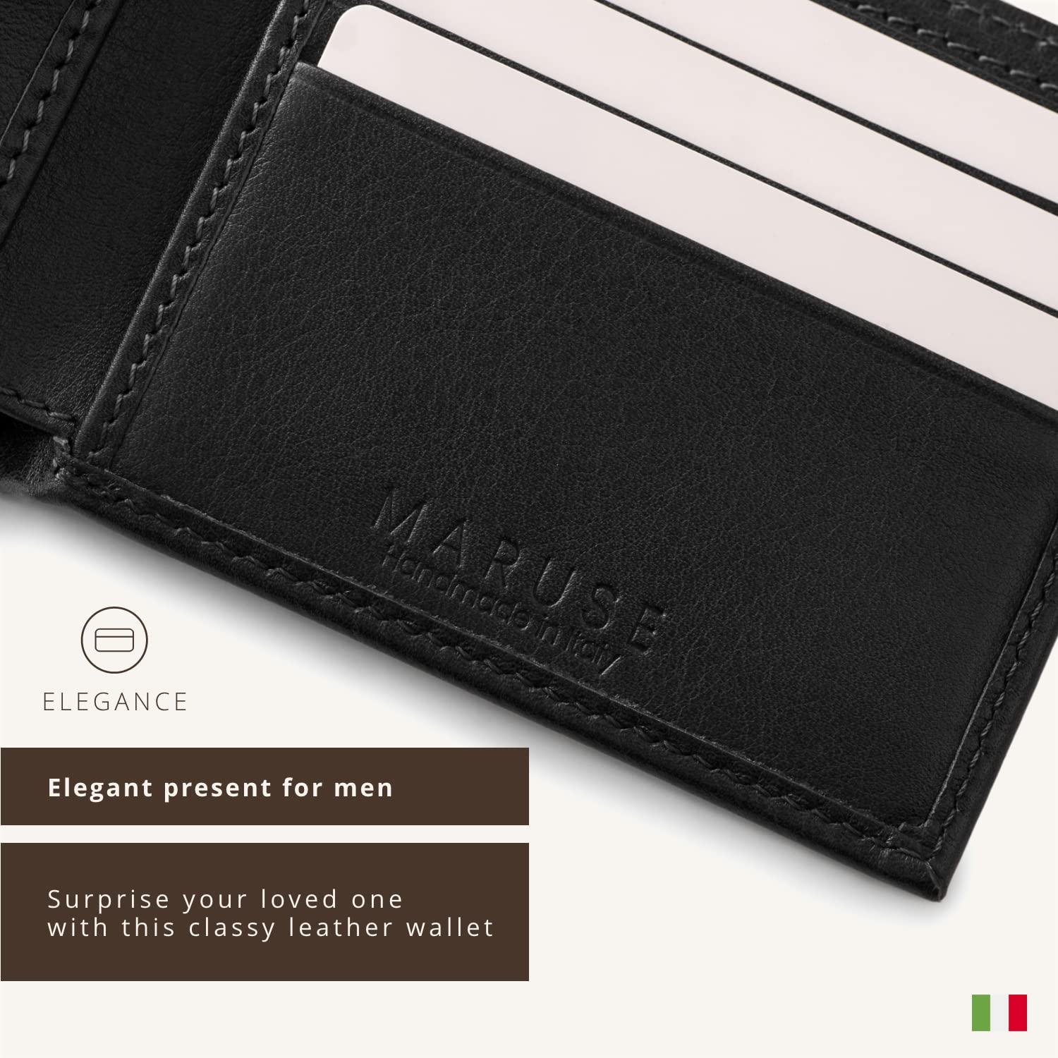 Maruse Personalized Bifold Wallet for Men | Slim Genuine Italian Calf Leather Wallet | Elegant & Minimalist Design with Convenient Interior Pockets | Custom Black | Perfect Gift for Dad, Husband & Business Professionals