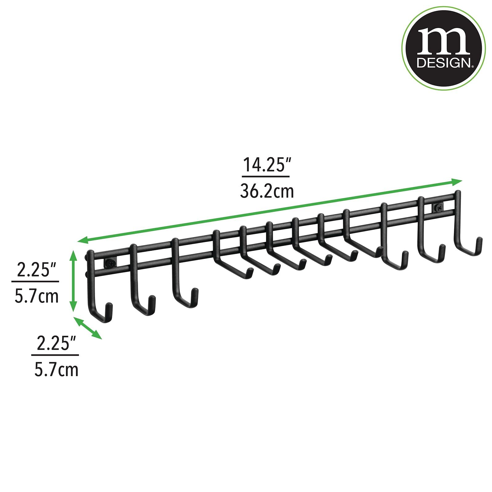 mDesign Wall Mount Metal Accessory Organizer - Slim Space Saving Storage for Ties, Belts, Scarves, Sunglasses & Watches - 12 Hooks, 2 Pack Matte Black - Perfect for Closet, Bedroom & Entryway Organization