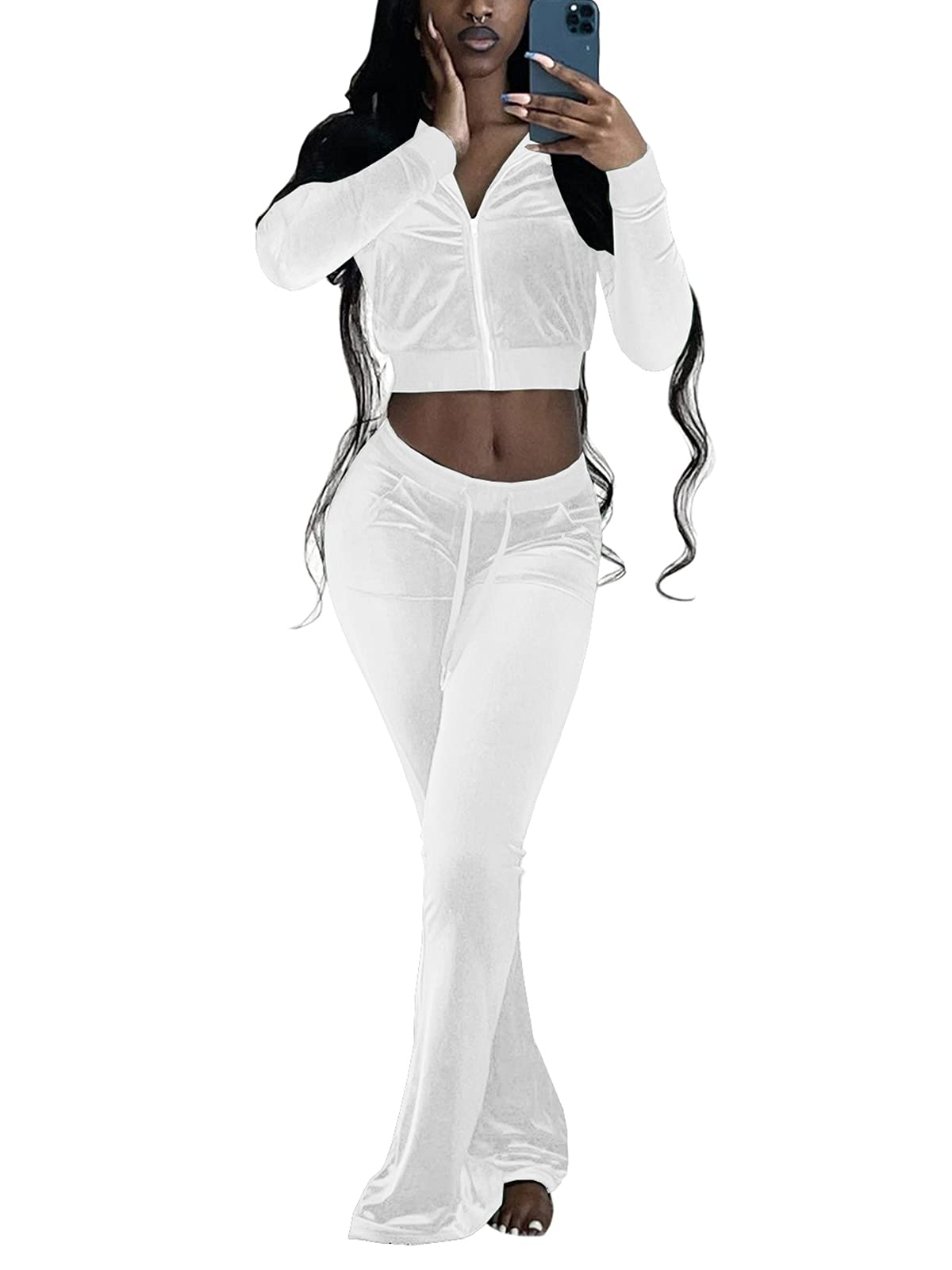 JURIS Women's 2-Piece Velour Tracksuit Set - Long Sleeve Zip Up Crop Top & Flare Pants Outfit for Yoga, Lounge & Streetwear Fashion