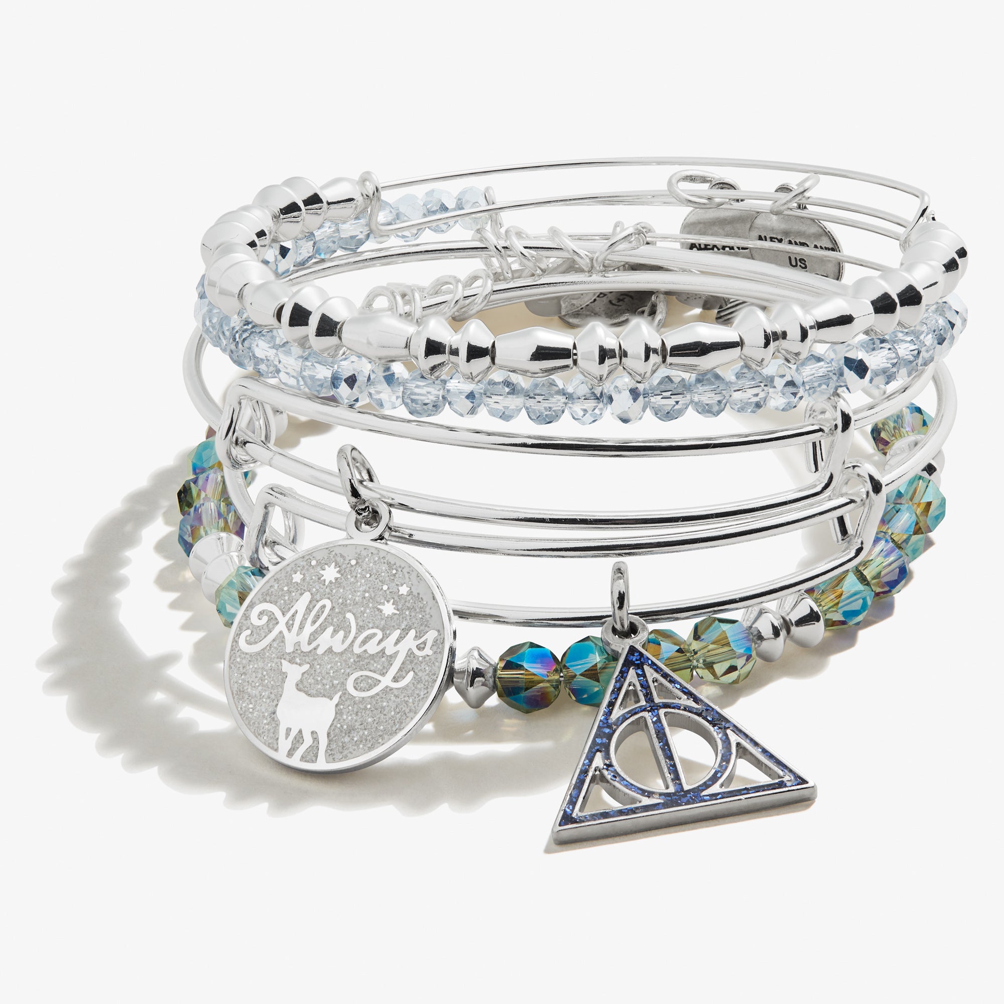 Harry Potter™ 'Always' Charm Bangle Set of 5 - Sterling Silver Friendship Bracelets for Women, Gift for Potterheads, Perfect for Cosplay, Halloween & Daily Wear
