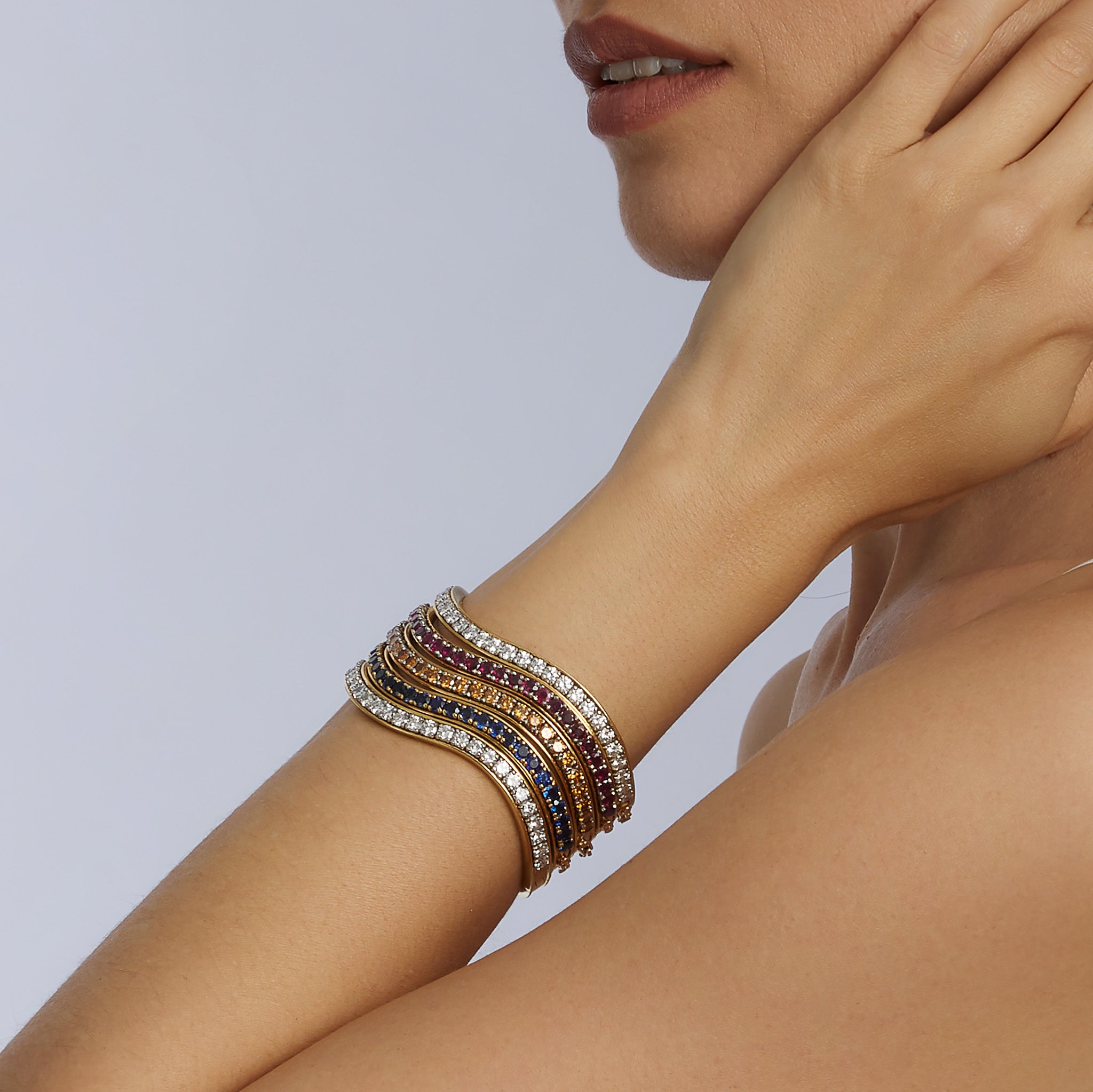 Luxury Five Diamond & Gemstone Set Oscar Heyman Bangle Bracelet for Women | Elegant Jewelry Gift for Weddings, Parties & Special Occasions
