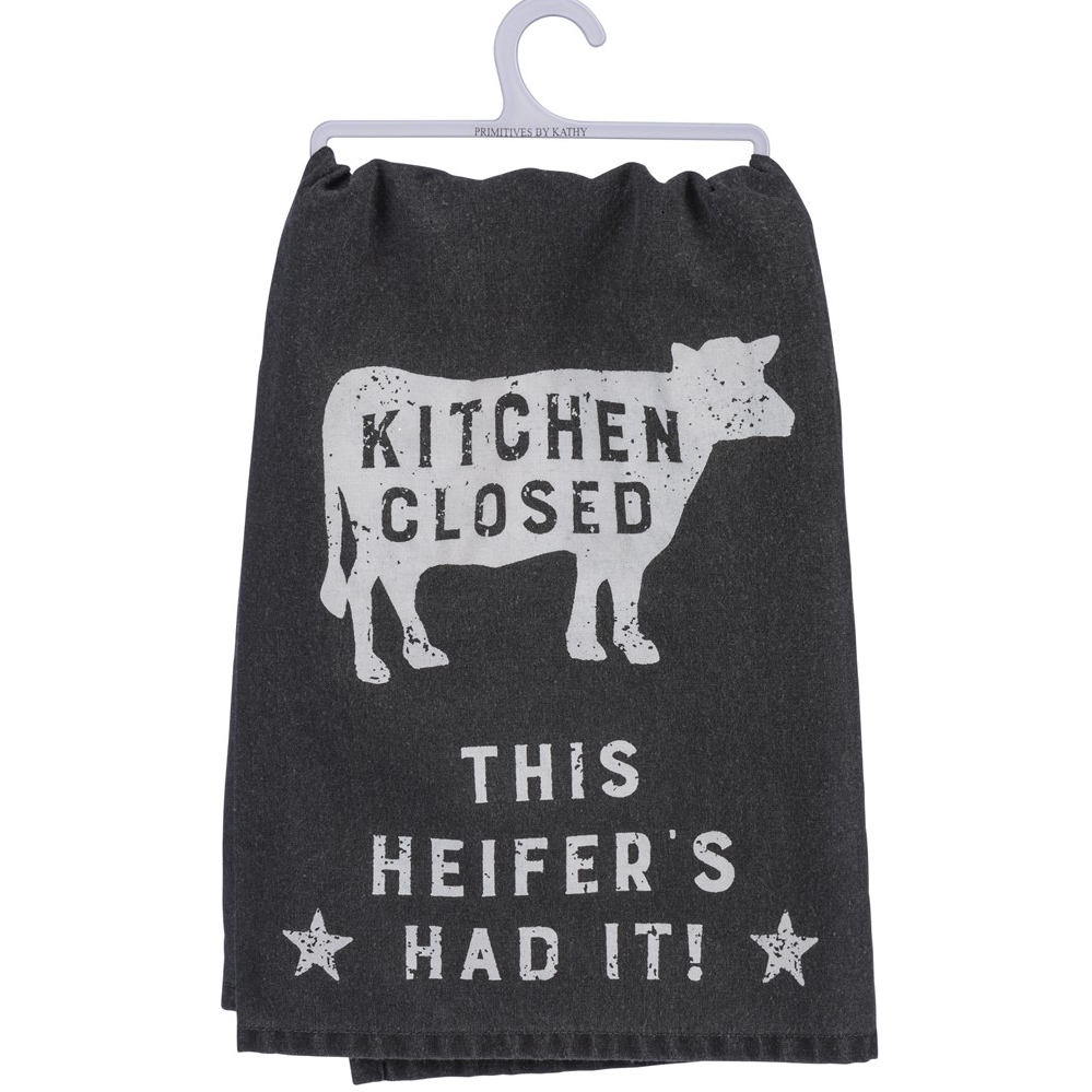 Funny Farmhouse Kitchen Dish Towel - 'Kitchen Closed...This Heifer's Had It' - Perfect for Country Style Kitchens, Farmhouse Decor & Cow Lovers