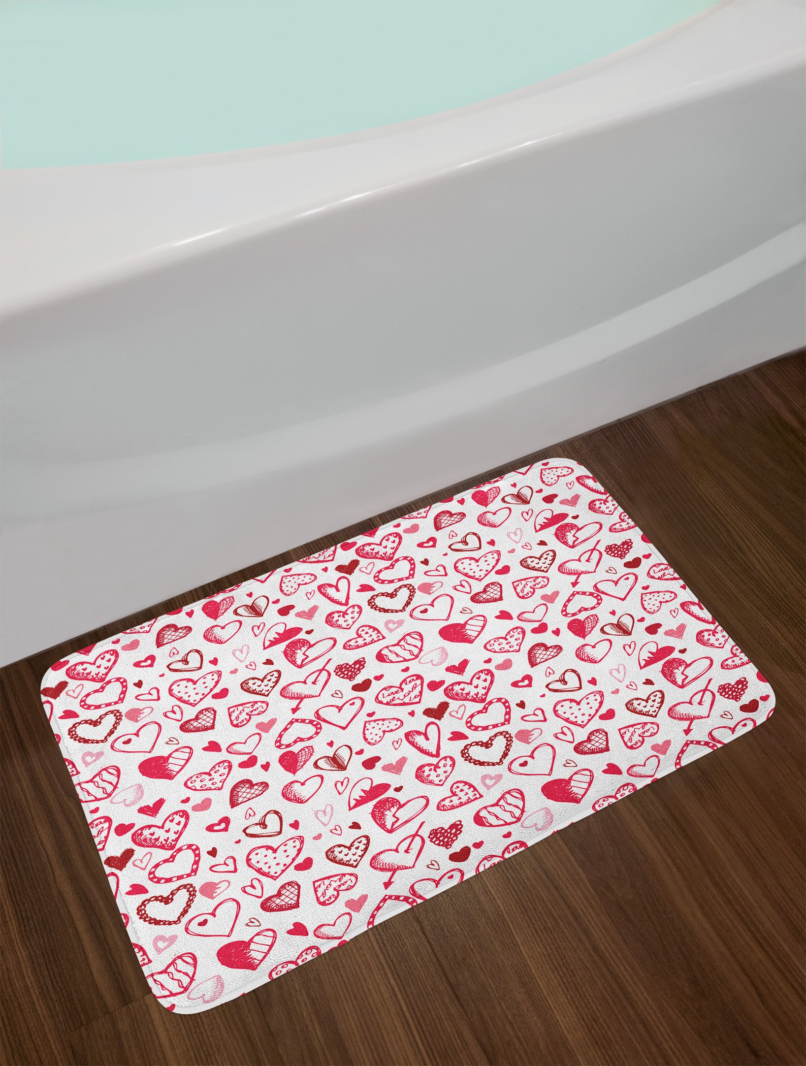 Ambesonne Plush Valentine Heart Bath Mat - Non-Slip Rubber Backing, 30x20 Inches, Magenta Ruby White - Perfect for Engagement, Honeymoon & Romantic Bathroom Decor