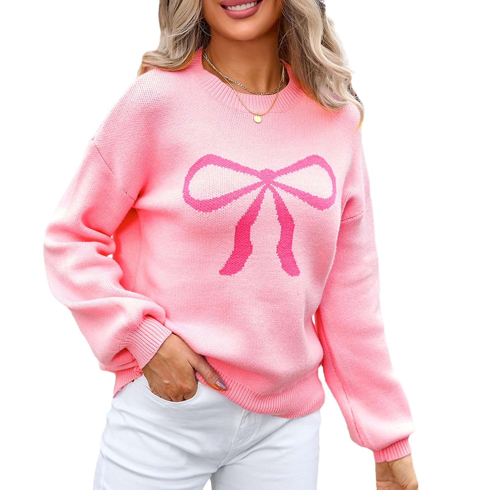 Women's Knitted Sweater Top - Long Sleeve Bow Pattern Drop Shoulder Round Neck Ribbed Loose Pullover | Casual Winter Wear, Office Outfit, Holiday Fashion