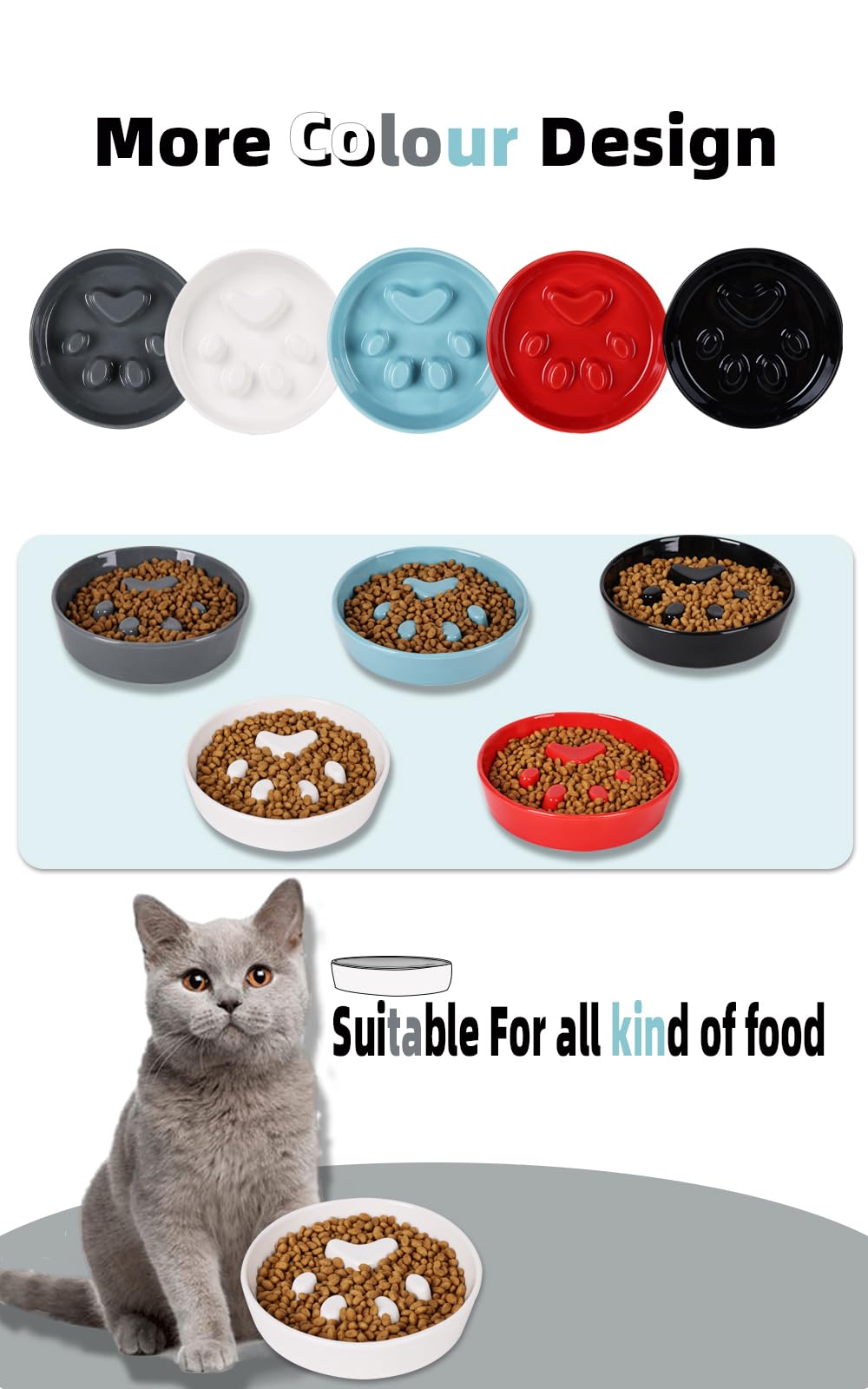 Ceramic Slow Feeder Cat Bowl - Fun Interactive Puzzle Food Dish for Fast Eaters - White Pet Feeding Bowl for Kittens & Adult Cats - Perfect for Portion Control and Preventing Bloat During Mealtime