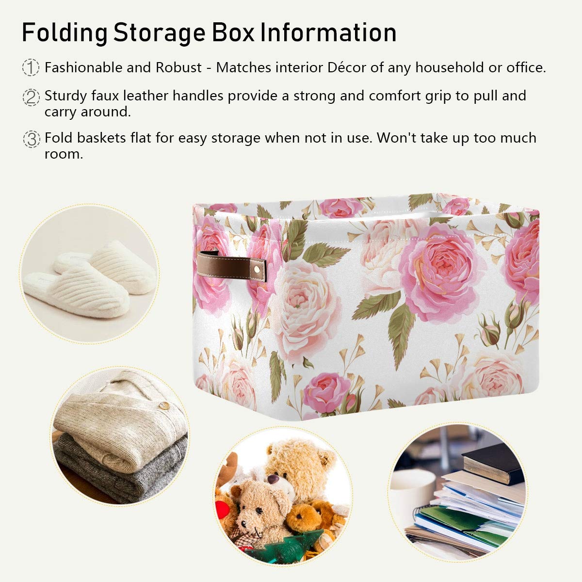 AGONA Large Foldable Storage Bin - Spring Pink Rose Floral Fabric Basket with Leather Handles | Collapsible Decorative Organizer for Closet, Bedroom, Nursery | Home Storage Solution for Toys, Blankets & Seasonal Items (1 Pack)