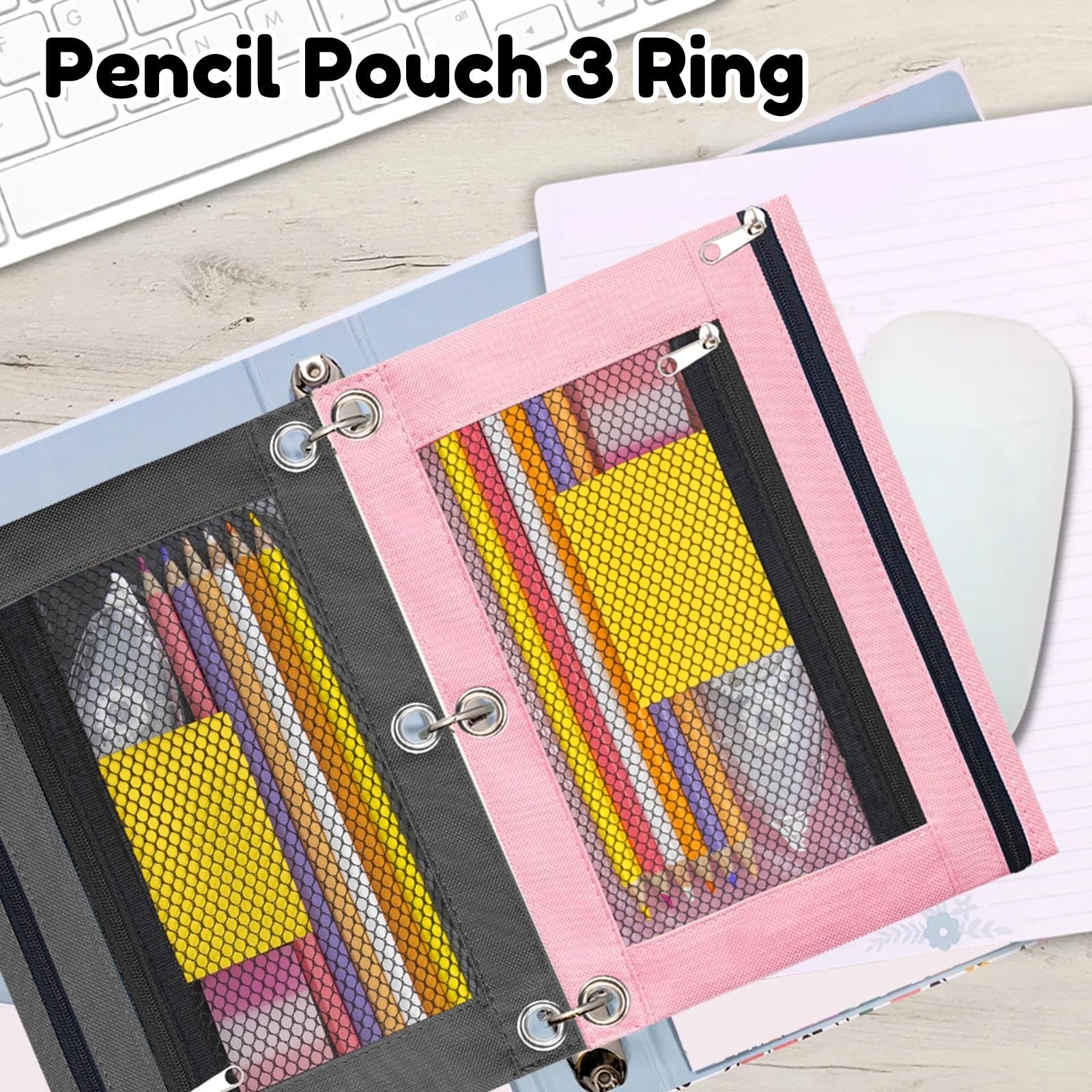 3-Ring Zipper Pencil Pouch - 2 Pack School Supplies for Binders, Cosmetic Organizer & Pencil Case - Perfect for Students, Office & Travel Organization