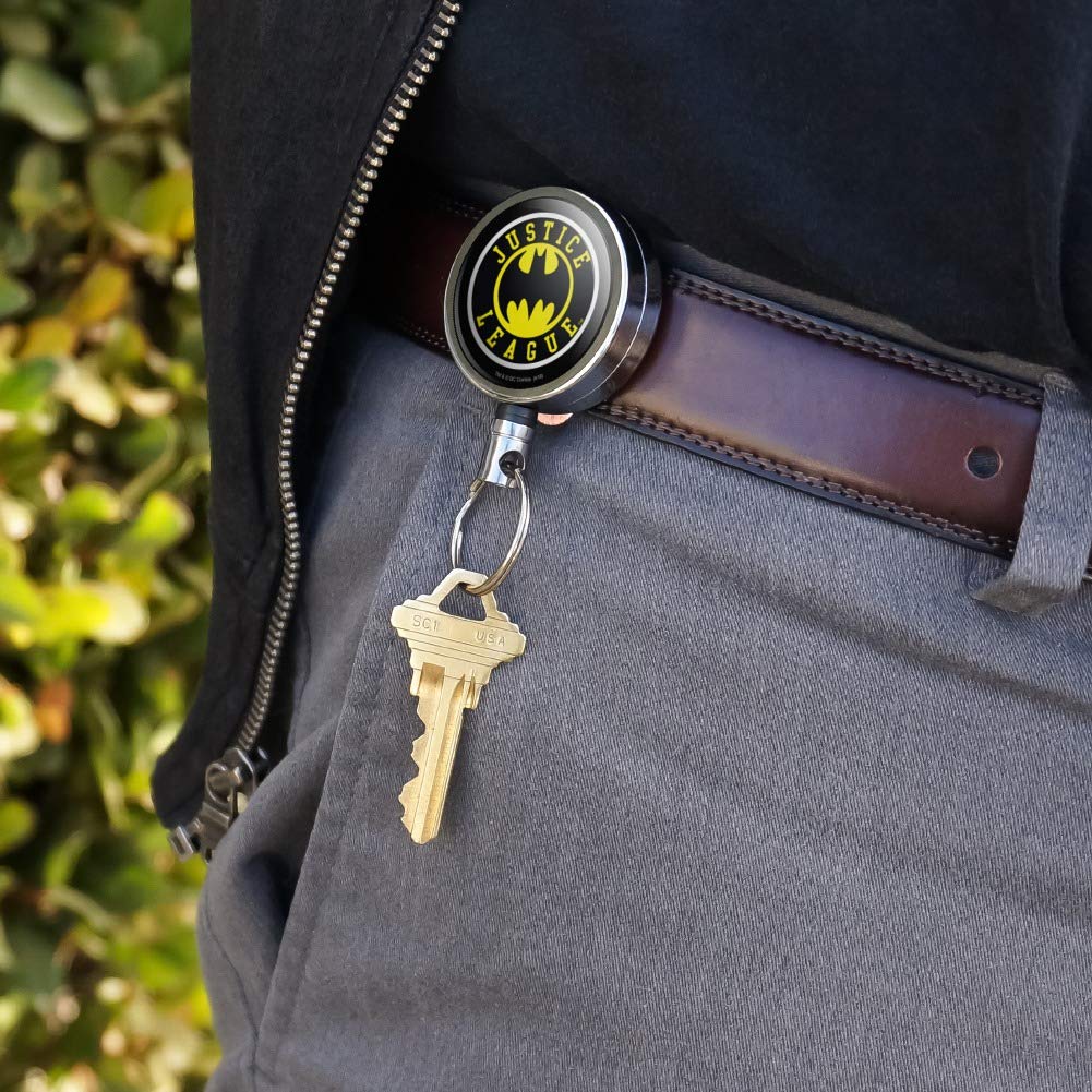 Justice League Batman Athletic Logo Heavy Duty Metal Retractable ID Badge Holder - Key Card & Tag Reel with Belt Clip for Security, Office, and Convention Use