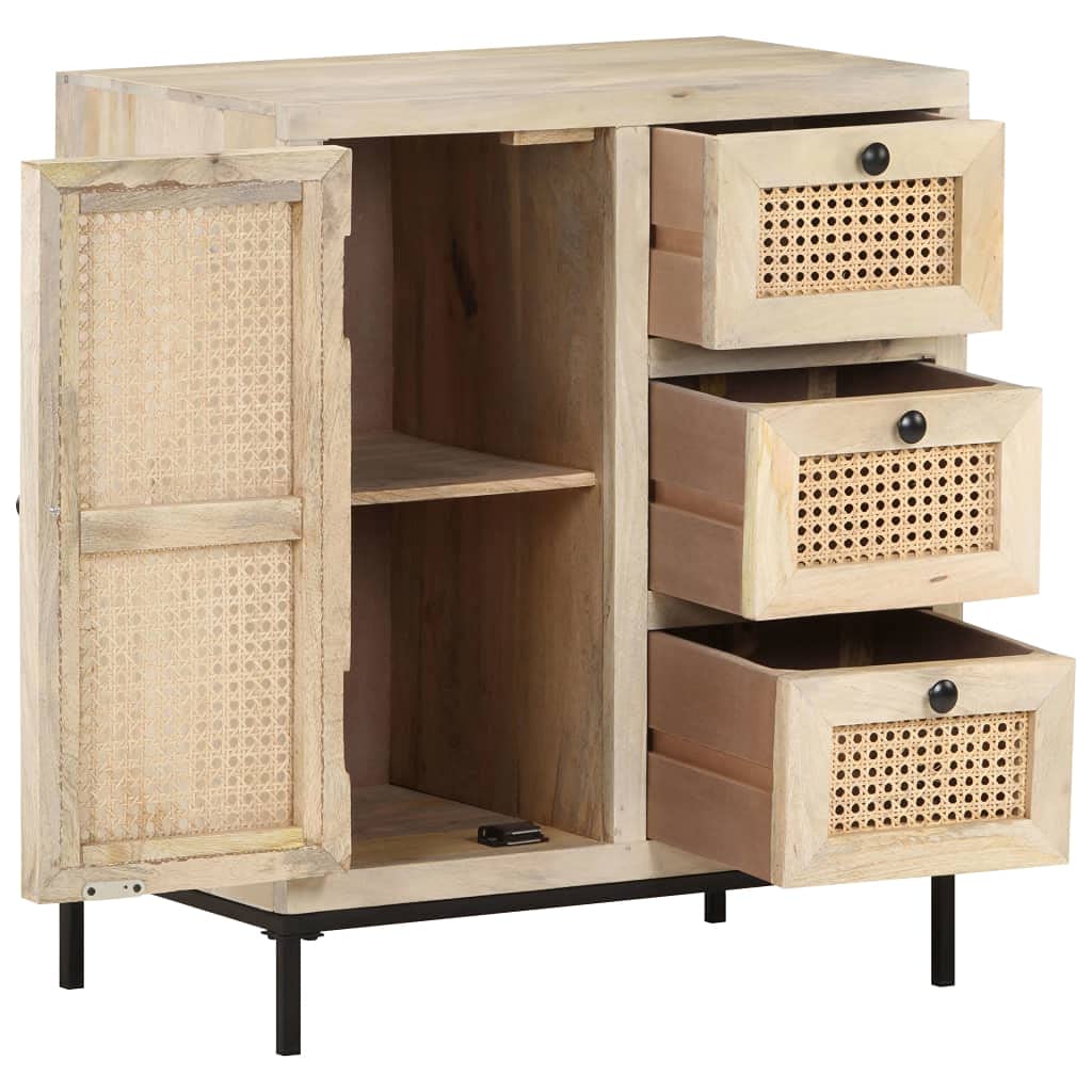Solid Mango Wood Kitchen Storage Cabinet with Natural Cane - 23.6