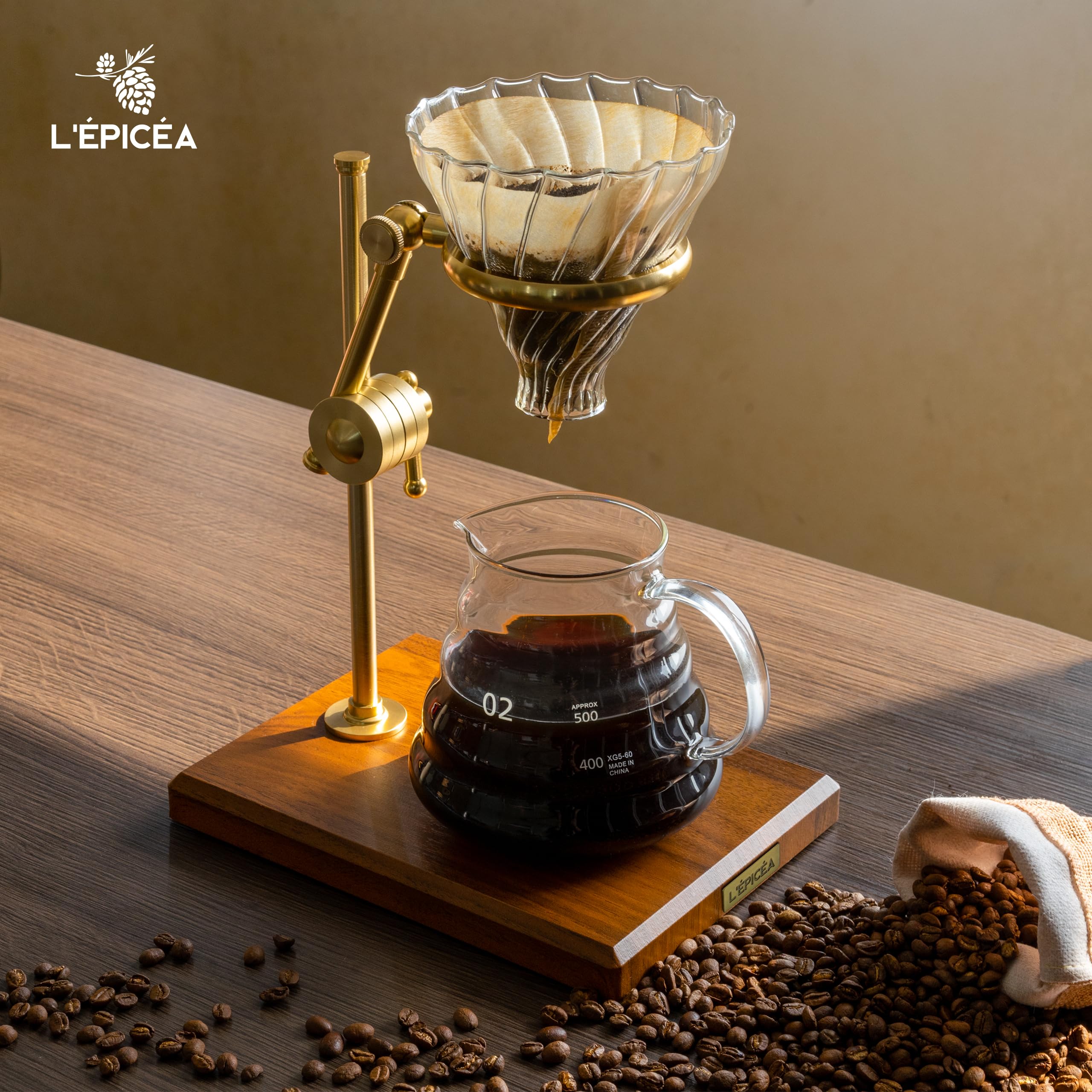 Premium Pour Over Coffee Maker Set - Adjustable Stainless Steel Stand with Wooden Base, Glass Carafe & Paper Filters | Ideal for Home Brewing, Office Use & Specialty Coffee Lovers