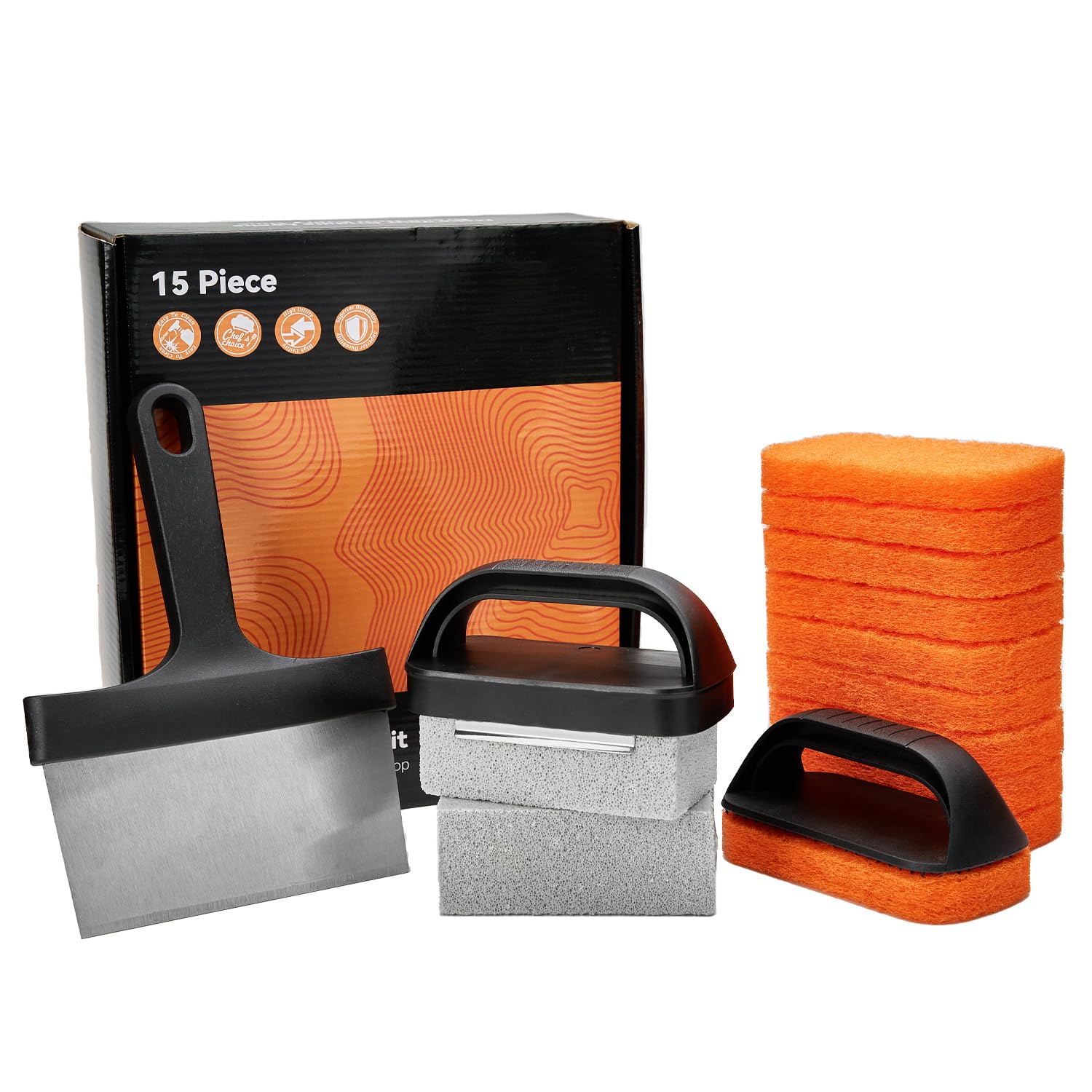 **15-Piece Griddle Cleaning Kit for Blackstone Flat Top Grill - Scraper, Cleaning Brick, Scouring Pads & Handles - Hot & Cold Surface Cleaning - Perfect for Outdoor BBQ, Camping & Backyard Cooking**