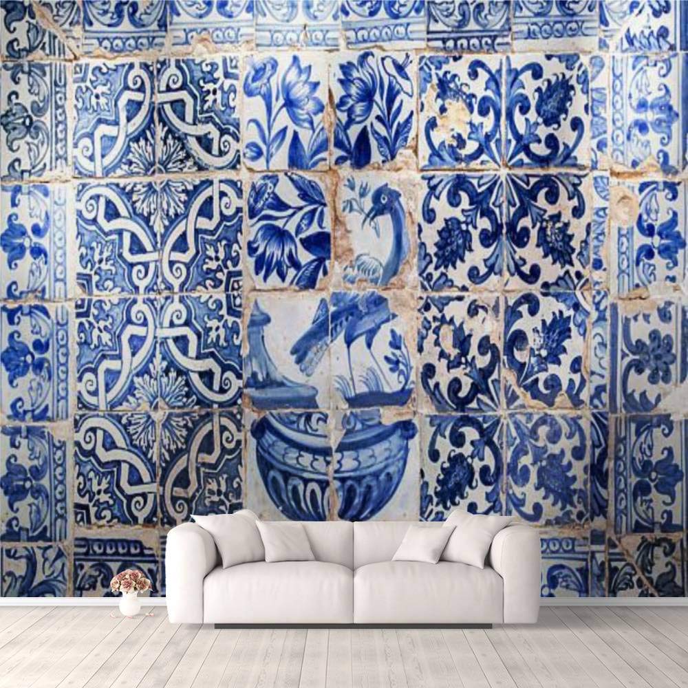 3D Self-Adhesive Wallpaper - Vintage Azulejos Tile Design with Ornamental Birds & Flowers - Peel & Stick Wall Mural for Bedroom, Living Room, Dorm Decor - Easy to Apply on Walls, Ceiling & Wardrobes - Perfect for Home Renovation & Interior Design Projects
