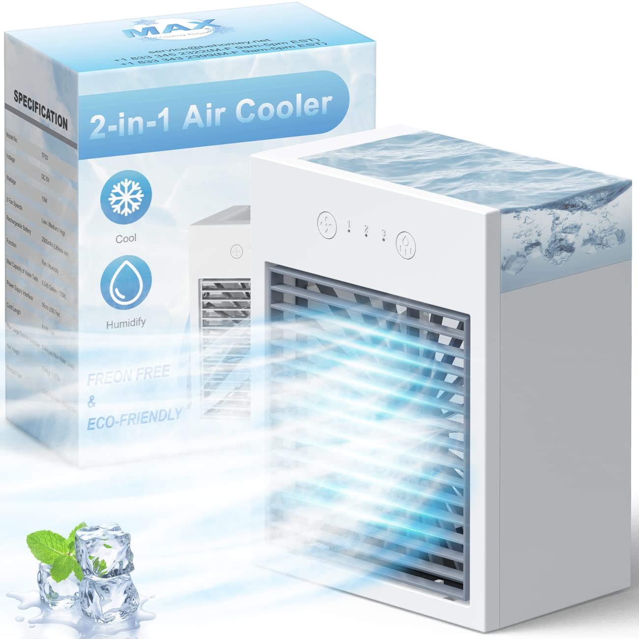Portable Mini Air Conditioner - AOLOS 3-in-1 Evaporative Air Cooler with 2000mAh Battery, USB Rechargeable, 3 Speed Settings for Home, Office, Car, RV & Camping - Compact Personal Cooling Fan with Humidifier Function