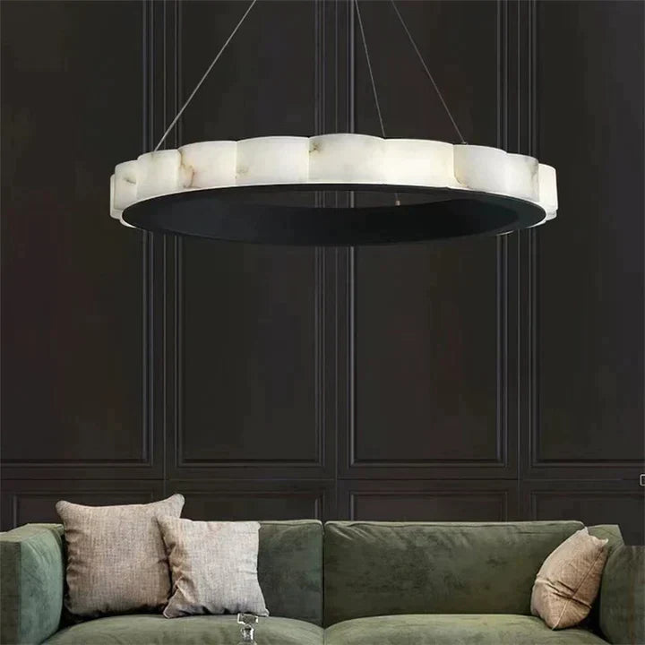 Melonie Moden Alabaster Round Chandelier in Black - Elegant Dining Room Lighting Fixture for Kitchen Island, Foyer, and Bedroom