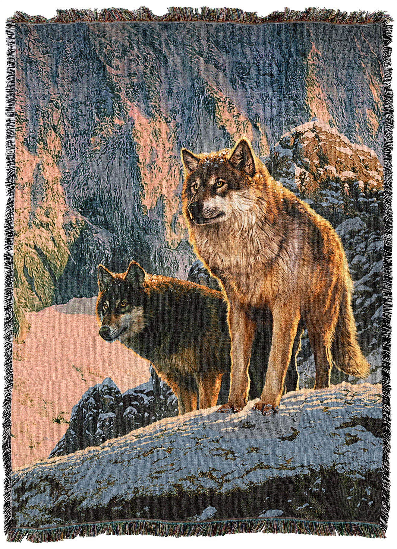 Vincent HIE Wolf Couple in Sunset Cotton Tapestry Throw Blanket - Handwoven in USA - 72x54 Inches - Perfect for Sofa, Bed & Home Decor Gift