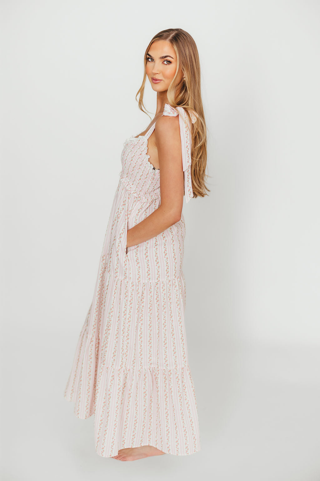 Vivienne Women's Floral Maxi Sundress - Ivory & Pink Summer Beach Dress for Vacation, Pool Party, and Casual Outings