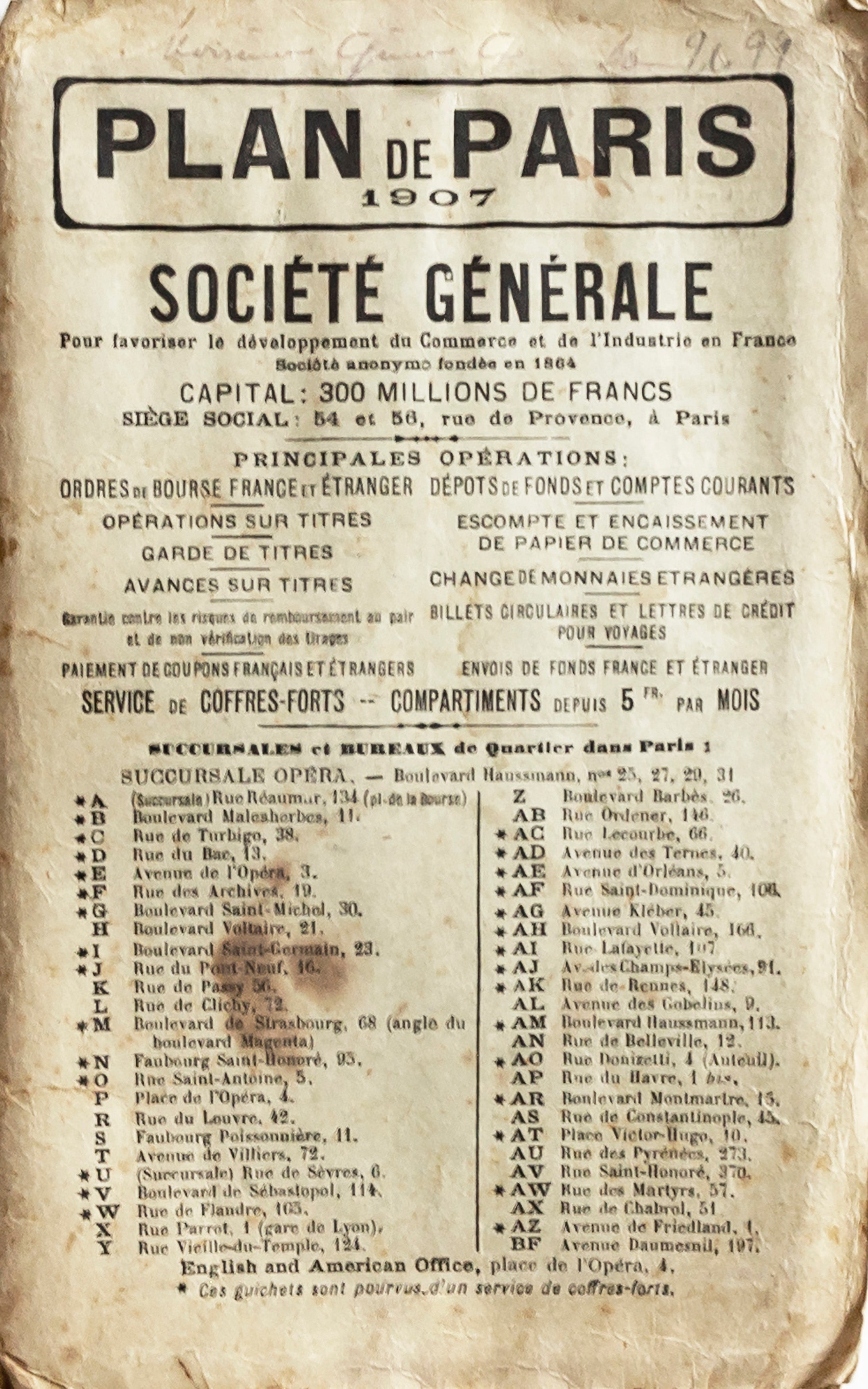 1907 Original Vintage Pocket Map of Paris by Societe Generale - Antique Parisian City Plan for Collectors, Travel & Historical Decor