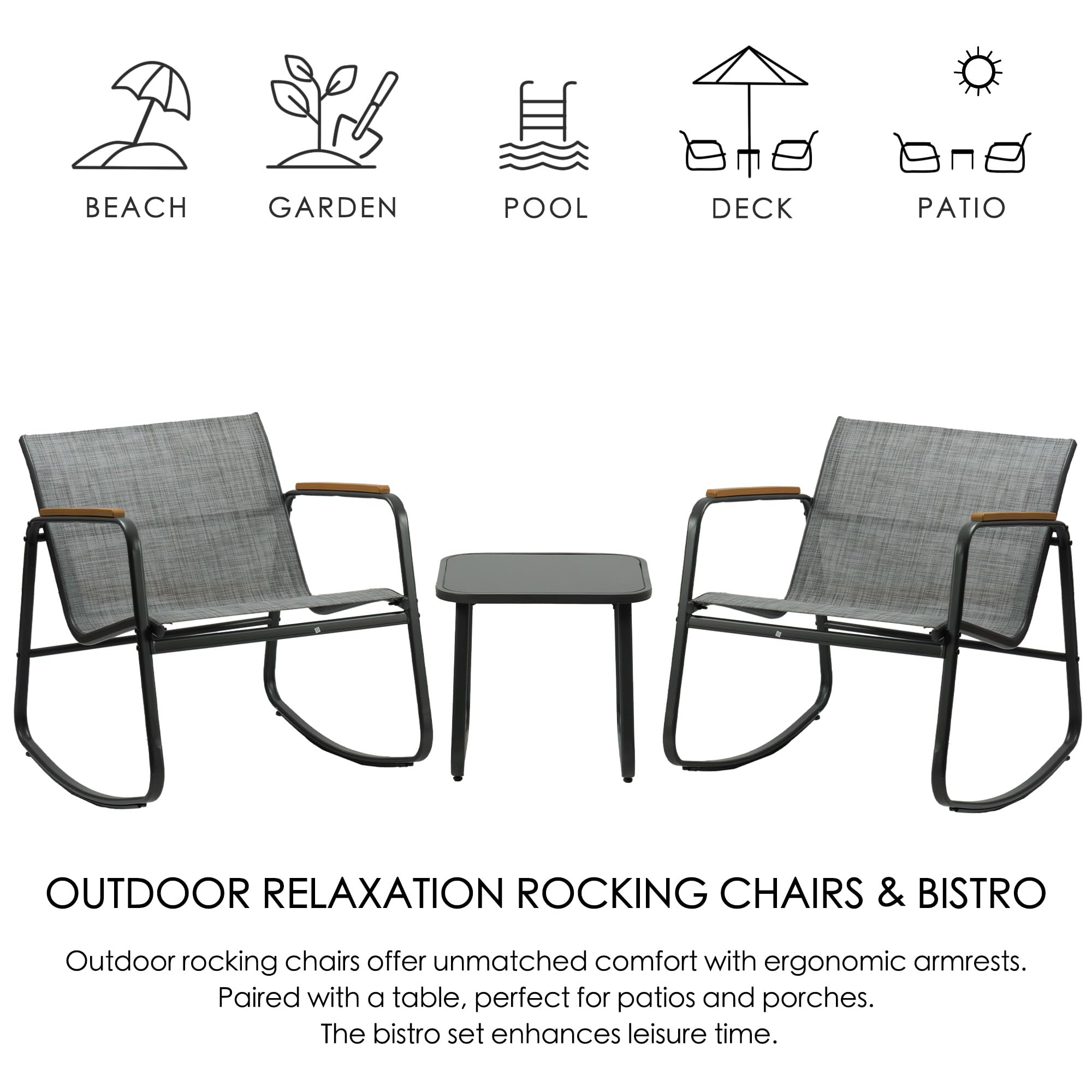 Kozyard 3-Piece Outdoor Rocking Chair Set with Wooden Armrests & Glass Table - Patio Bistro Furniture for Lawn, Porch, Garden, Balcony & Poolside - Perfect for Relaxing, Entertaining & Enjoying Outdoor Living