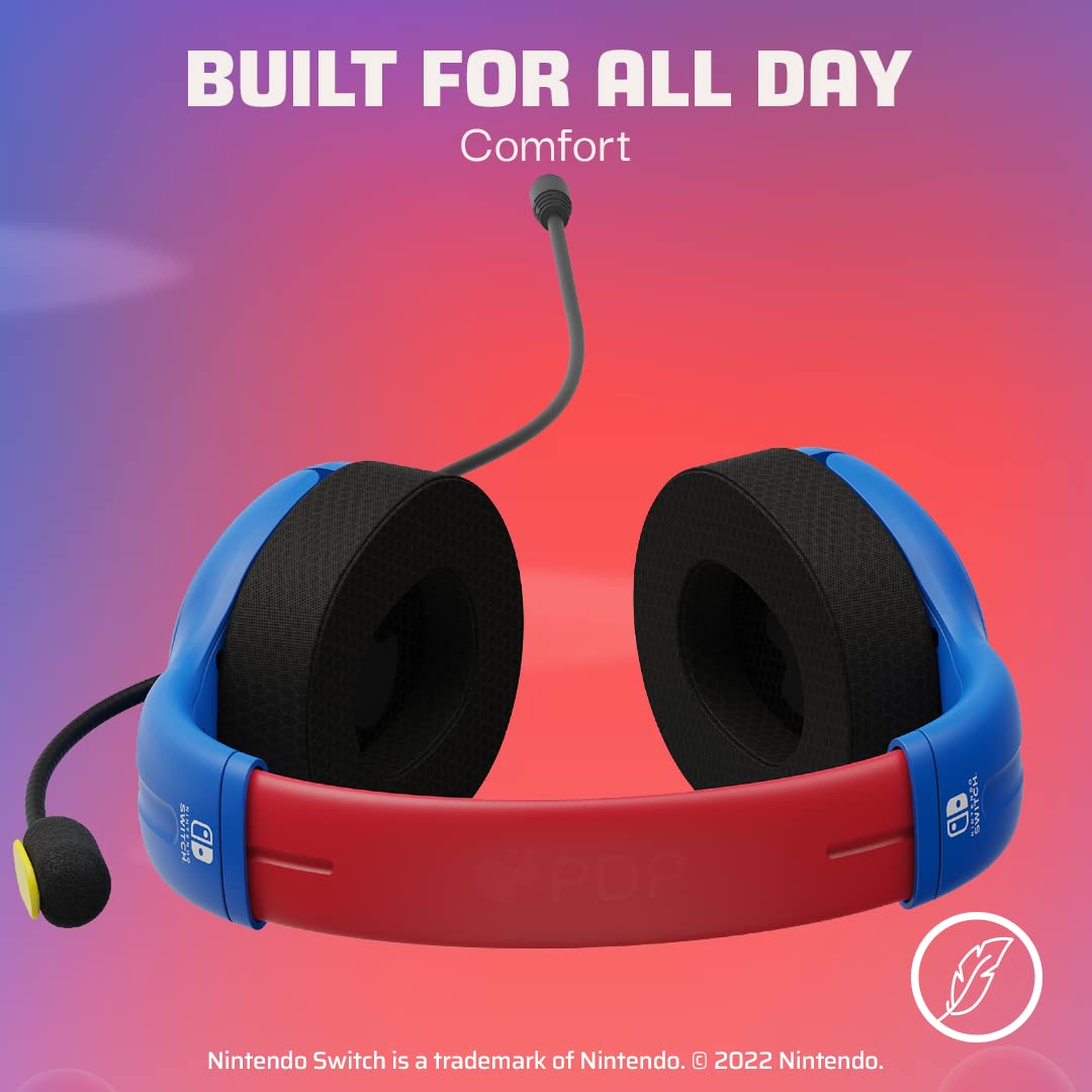 PDP Gaming AIRLITE Stereo Headset with Noise Cancelling Mic for Nintendo Switch/Switch Lite/OLED - Lightweight Wired Gaming Headphones with 3.5mm Jack, Soft Ear Cushions (Mario Dash Blue) - Perfect for Gaming, Online Classes & Remote Work