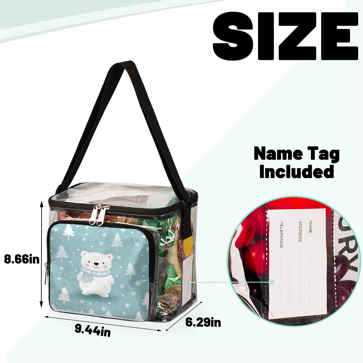 GzLeyigou Winter Bear Clear Tote Bag with Handles - Cute Transparent Crossbody Shoulder Bag for Lunch, Outdoor, Travel, Picnic, Concerts & Sports Events - Stadium Approved Multi-Purpose Clear Bag for Shopping, Beach & Holiday Gifts