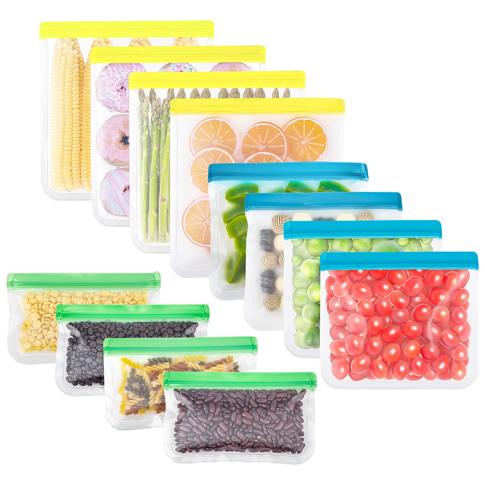 12 Pack Reusable Food Storage Bags - 4 Sandwich, 4 Snack & 4 Gallon Bags | Extra Thick Leakproof BPA Free PEVA Zipper Bags for Freezer, Fruits, Meal Prep & Lunch Box Organization (Multicolor, Eco-Friendly)