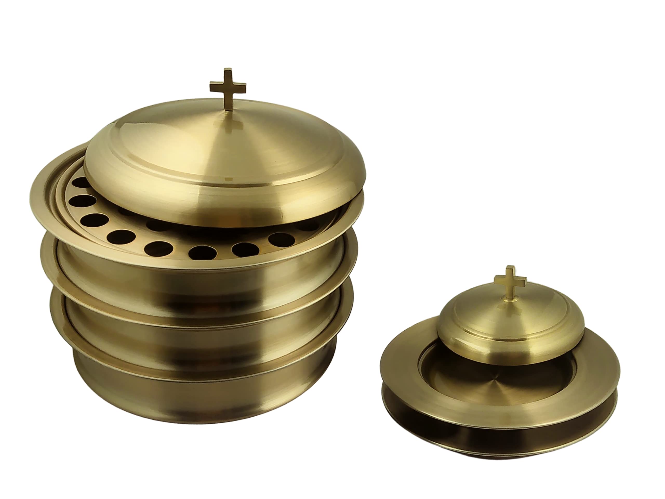 Stainless Steel Communion Serving Set - 3 Holy Wine Trays with Lids & 2 Stacking Bread Plates (Brass/Gold Finish) - Perfect for Church Services, Religious Ceremonies, and Christian Communion Events