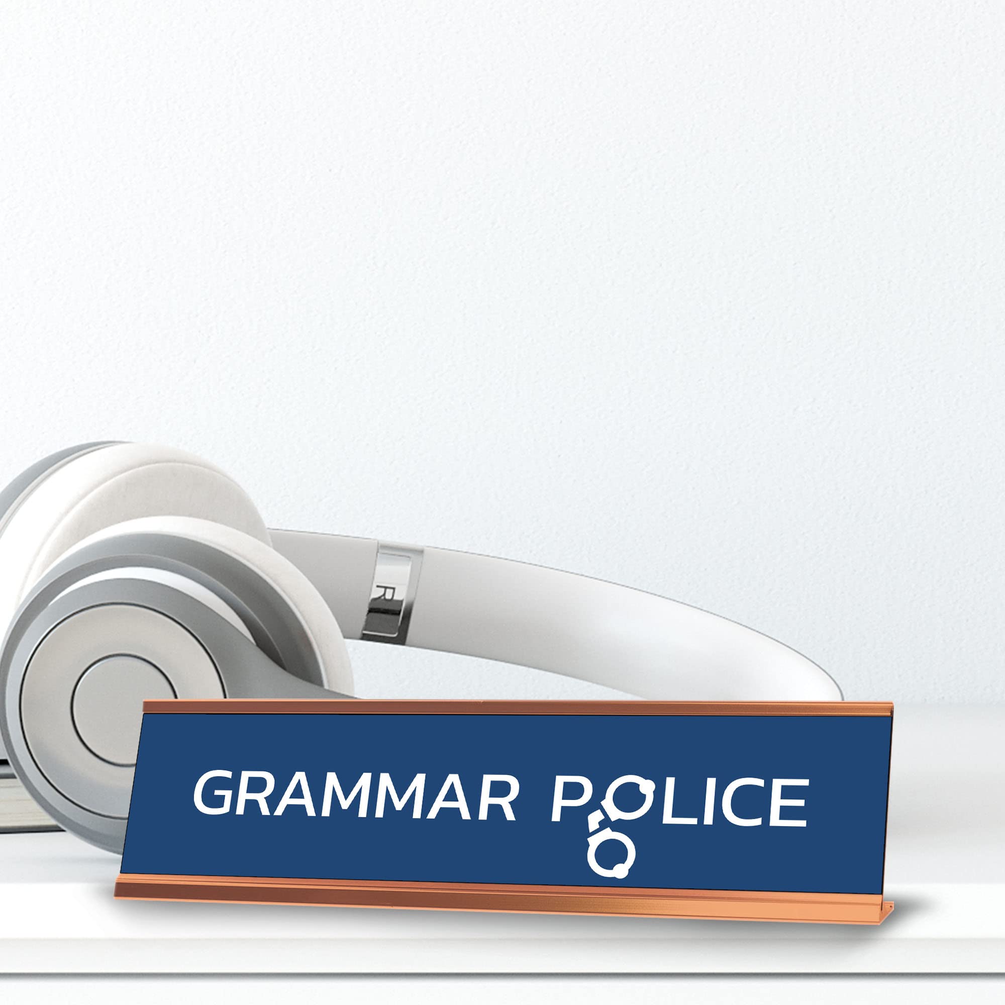 Grammar Police Handcuffs Gold Frame Desk Sign (2 x 8 Inch) - Funny Office Decor for Teachers, Writers & Editors - Perfect Desk Accessory for Classrooms, Home Offices & Gag Gifts