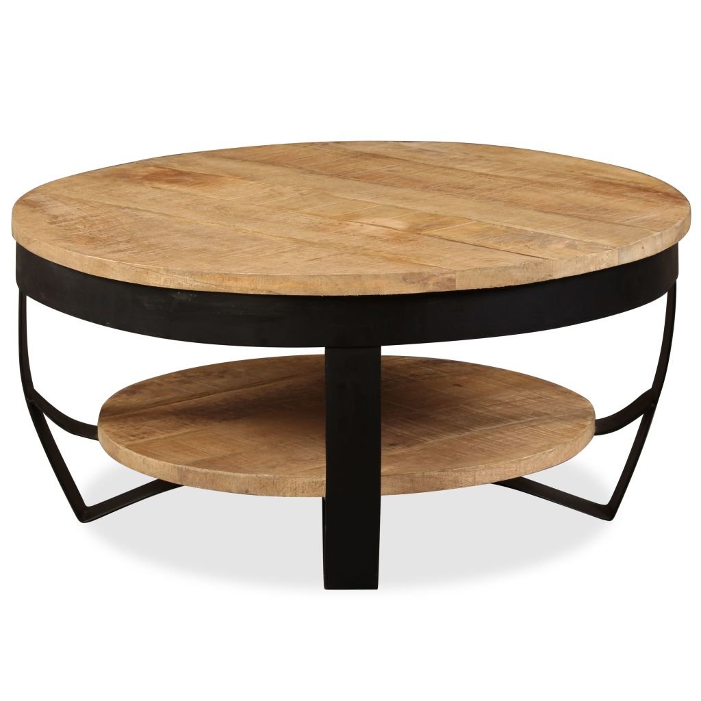 Rustic Mango Wood Coffee Table with Shelf & Steel Base - 25.6