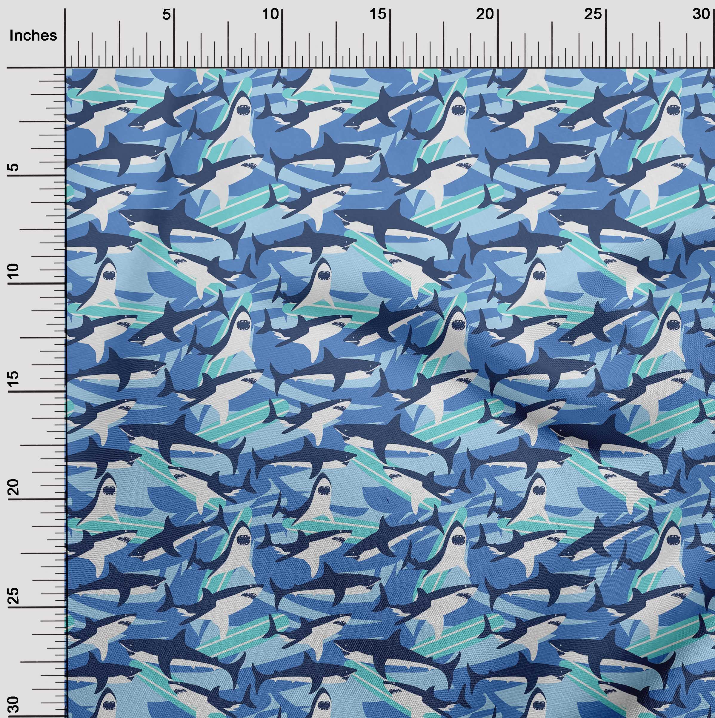 Premium Polyester Spandex Shark Print Fabric - Medium Blue Ocean Design, 56
