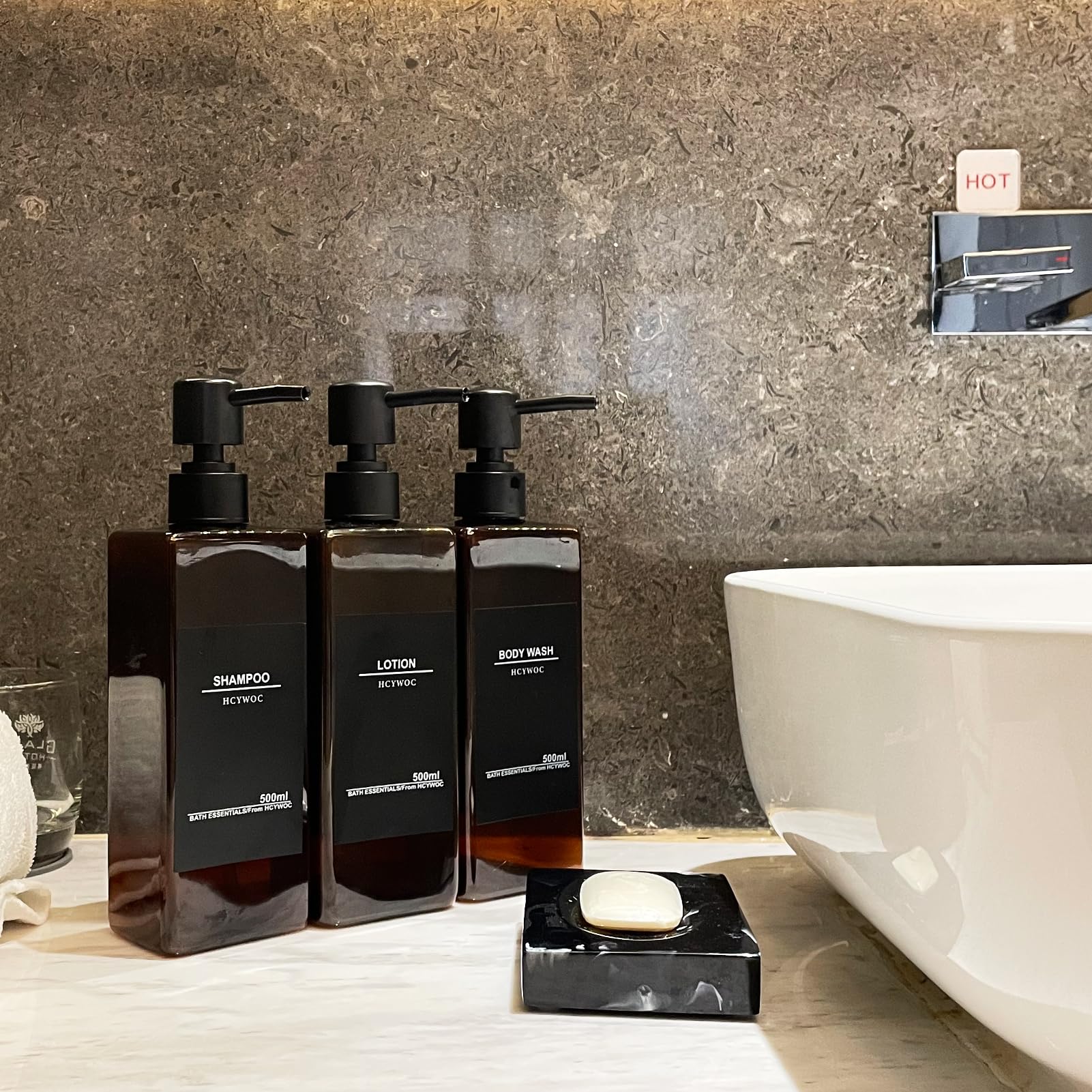 No Drill Shower Wall Mounted Shampoo & Conditioner Dispenser - 3 Chamber 17oz Black Amber, Waterproof Labels Included - Perfect for Bathroom, Gym, Spa & RV Use
