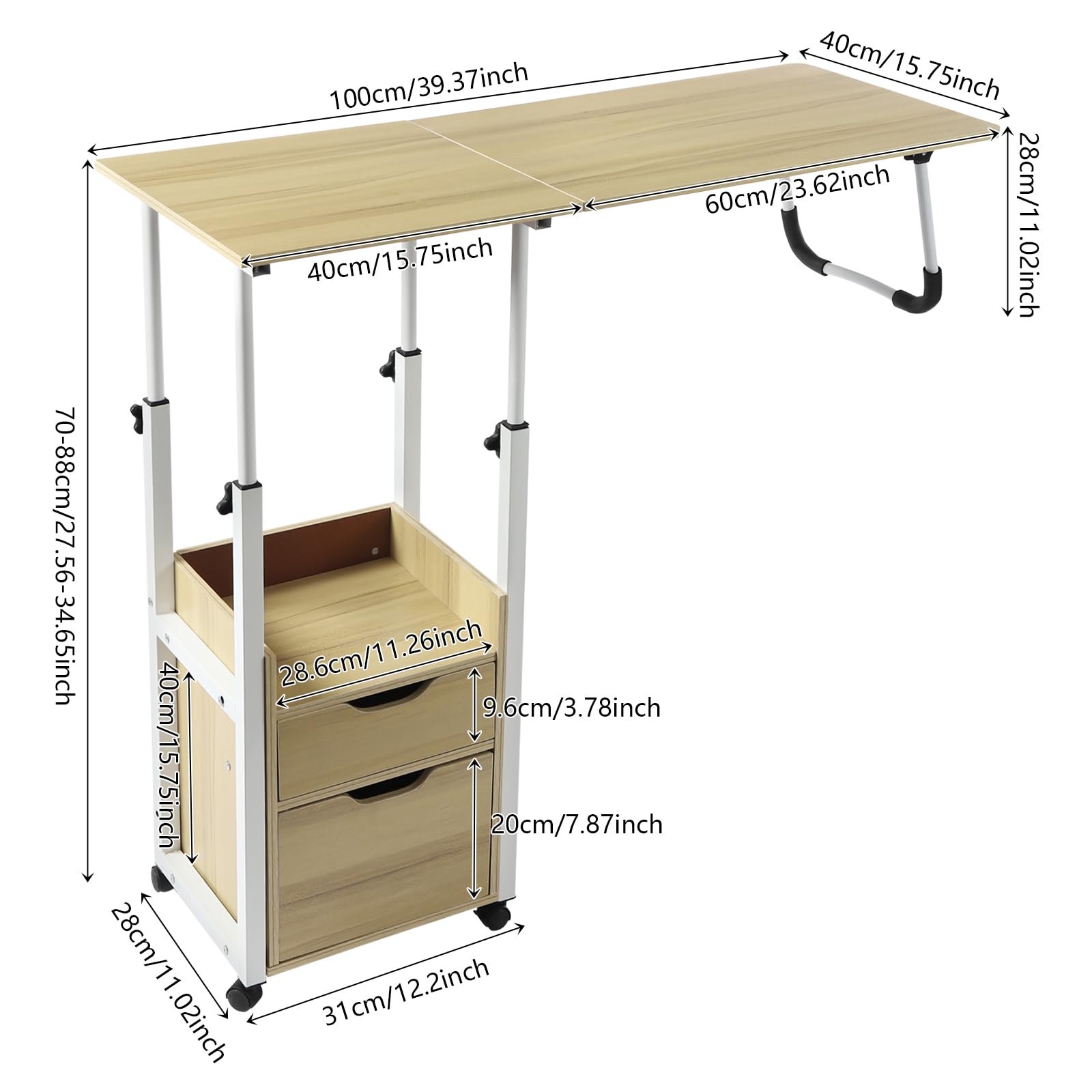 Adjustable Height Freestanding Overbed Table with Wheels & Drawers - Foldable Mobile Laptop Desk for Bedroom, Hospital, or Office Use - Rolling Computer Workstation for Small Spaces & Home Nursing Care