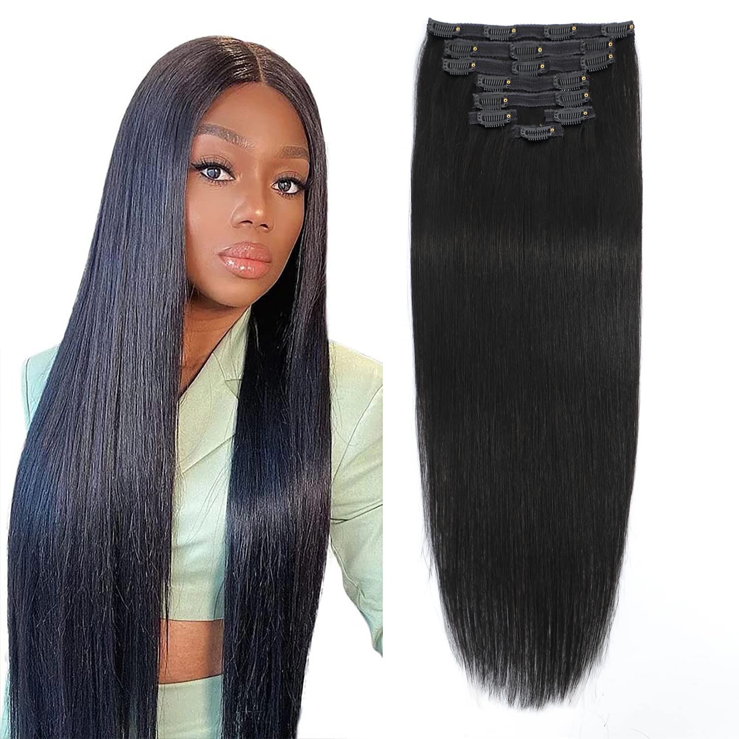 20 Inch Clip in Human Hair Extensions 8pcs 100g - 100% Virgin Remy Human Hair, Straight & Healthy Full Head Weft, #1B Natural Black - Perfect for Daily Styling, Parties & Special Occasions