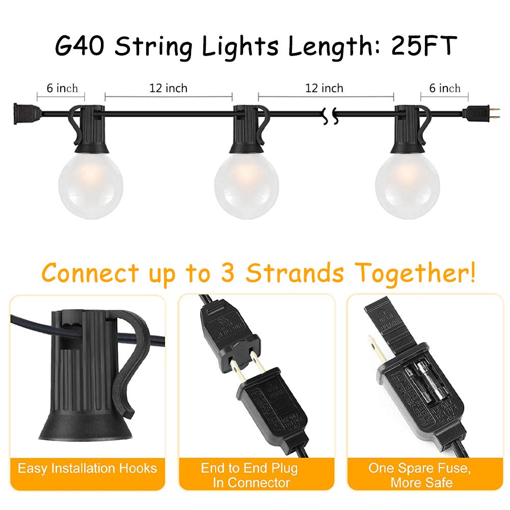 SUNSGNE 25Ft Outdoor Waterproof Connectable String Lights with 27 Frosted White G40 Globe Bulbs - Black Wire, 5 Watt - Perfect for Backyard, Porch, Balcony, Party & Christmas Decorations | Ideal for Patio Lighting, Garden Decor, and Holiday Events