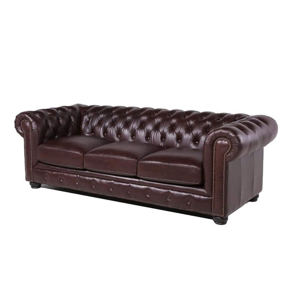 Luxury Brown Leather Chesterfield Accent Chair and Sofa 2-Piece Set for Living Room - Classic Home Square Furniture for Office, Lounge & Library Decor